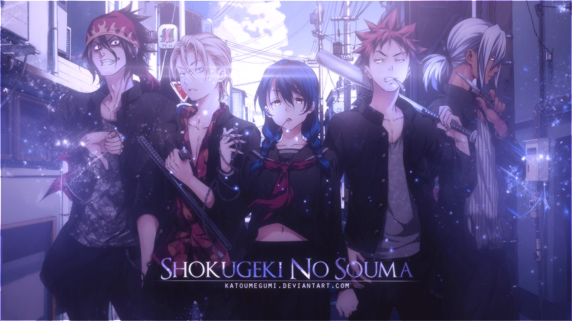 Shokugeki no Souma characters in a street HD Wallpaper