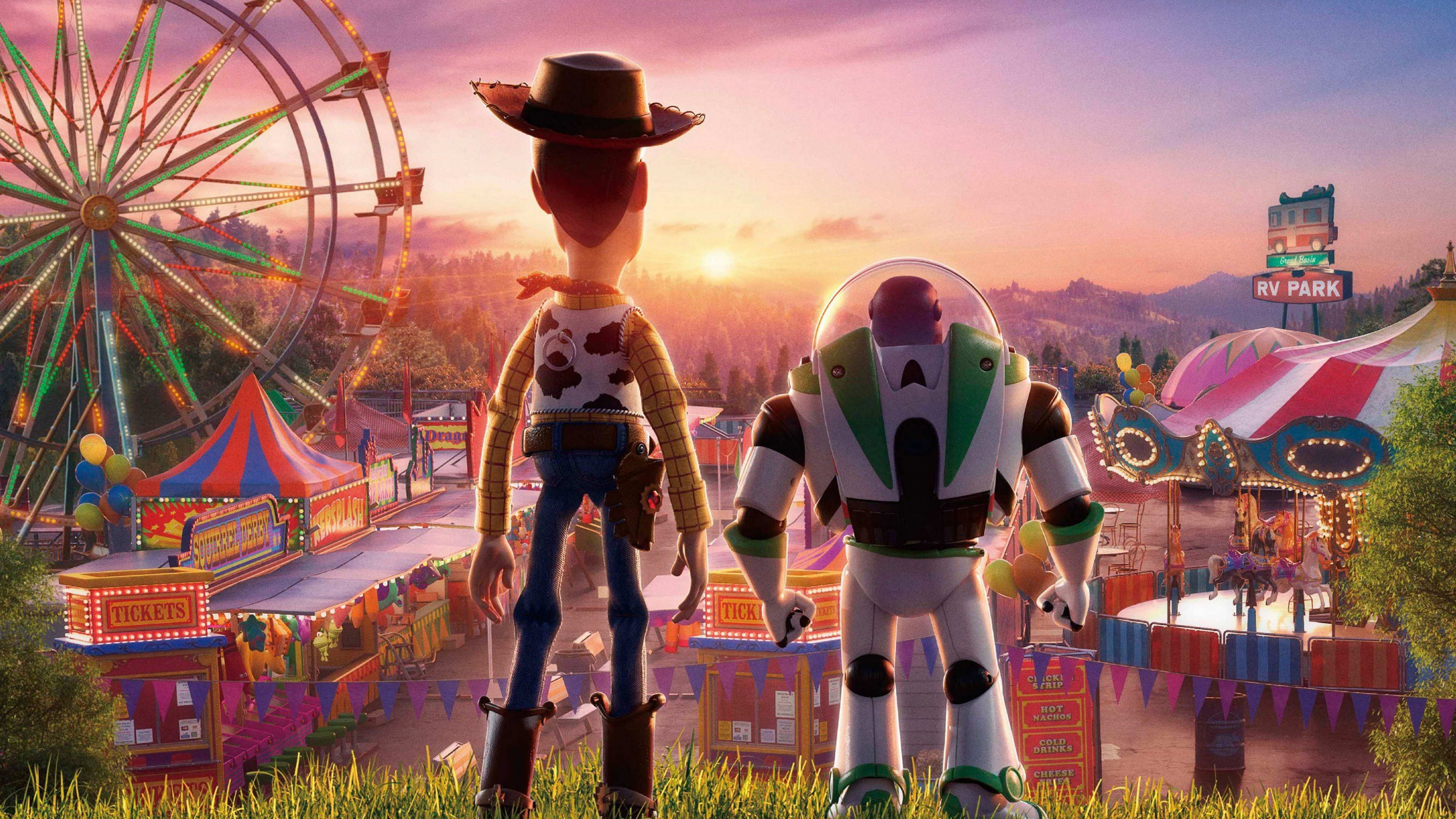 Woody and Buzz Lightyear at a carnival HD Wallpaper