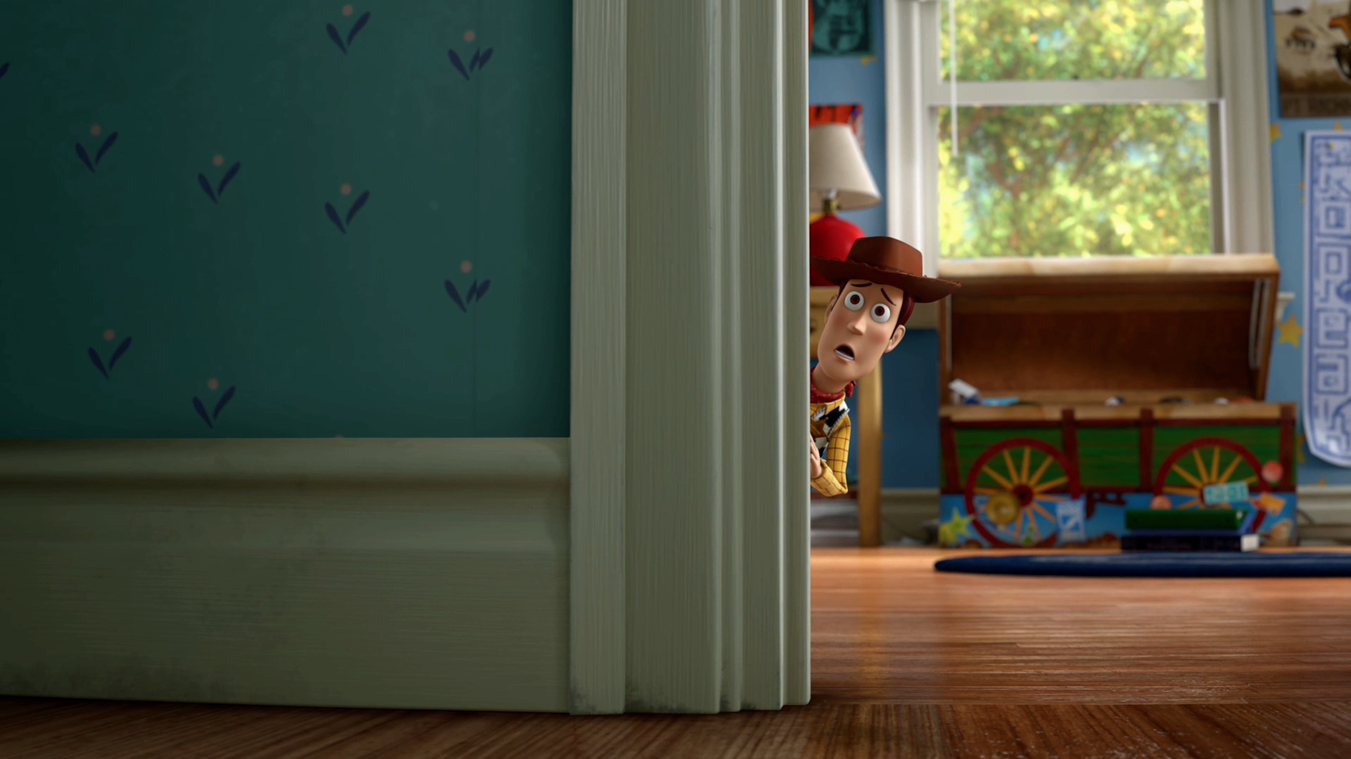 Woody from Toy Story peeking around a door HD Wallpaper
