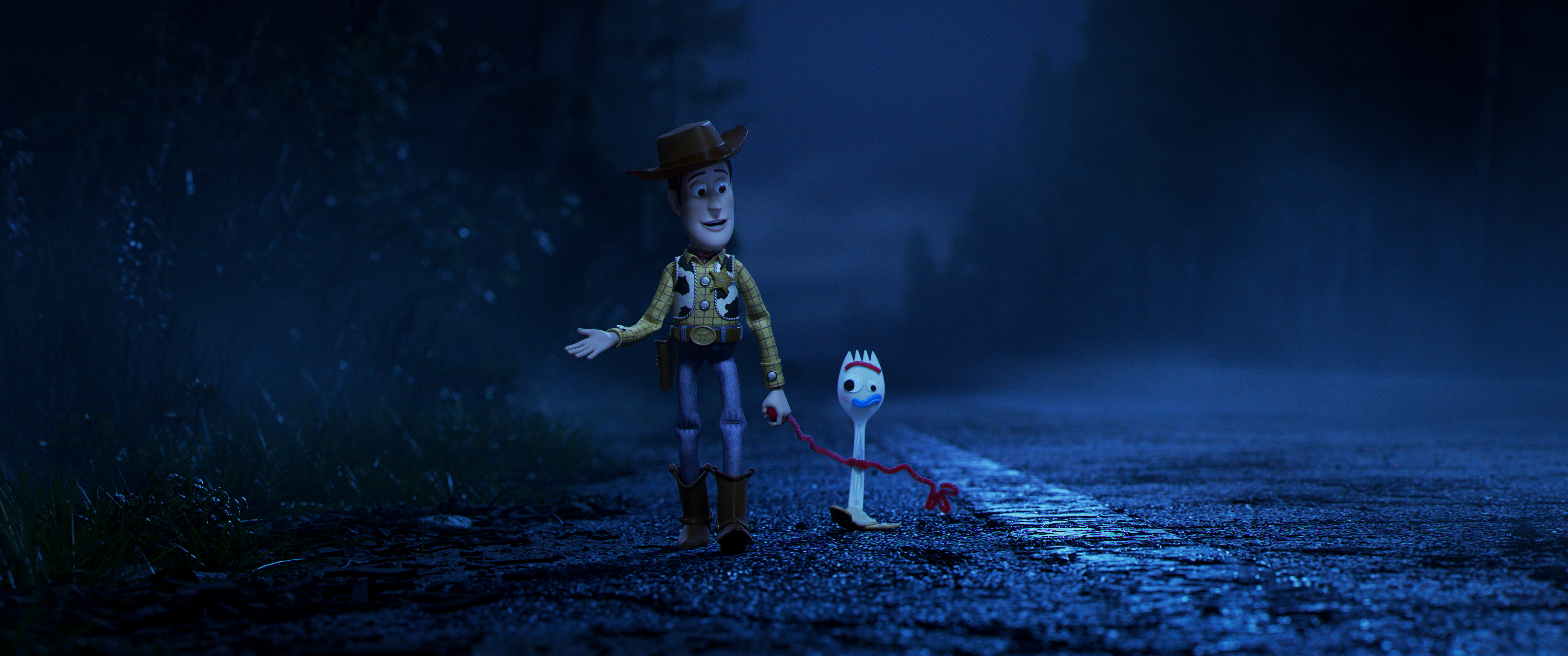 Woody and Forky from Toy Story walking at night HD Wallpaper