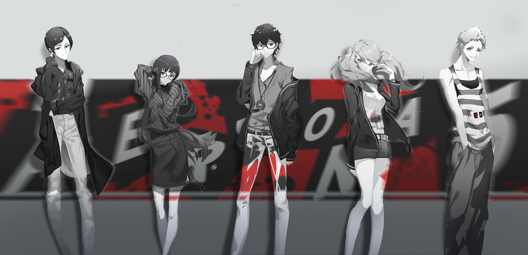 Persona 5 characters in grayscale with red accents HD Wallpaper