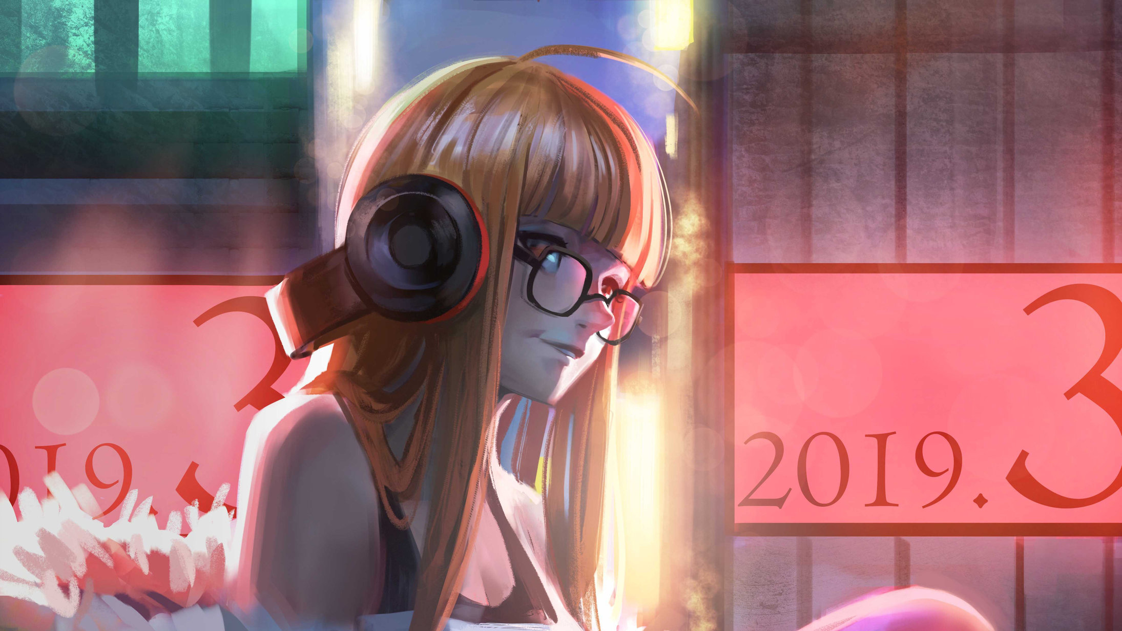 Futaba Sakura from Persona 5 wearing headphones and glasses HD Wallpaper