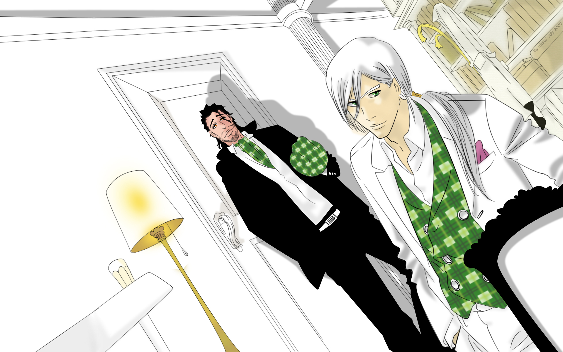 Two men in suits in a room HD Wallpaper