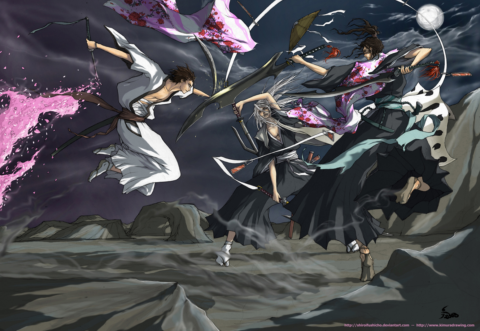 Jūshirō Ukitake fighting with two other characters HD Wallpaper