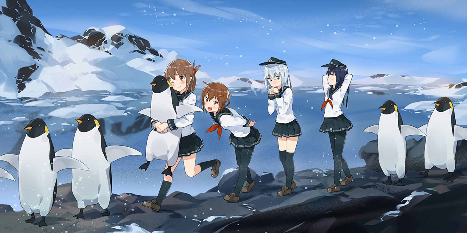 Ikazuchi from Kancolle with penguins in Antarctica HD Wallpaper