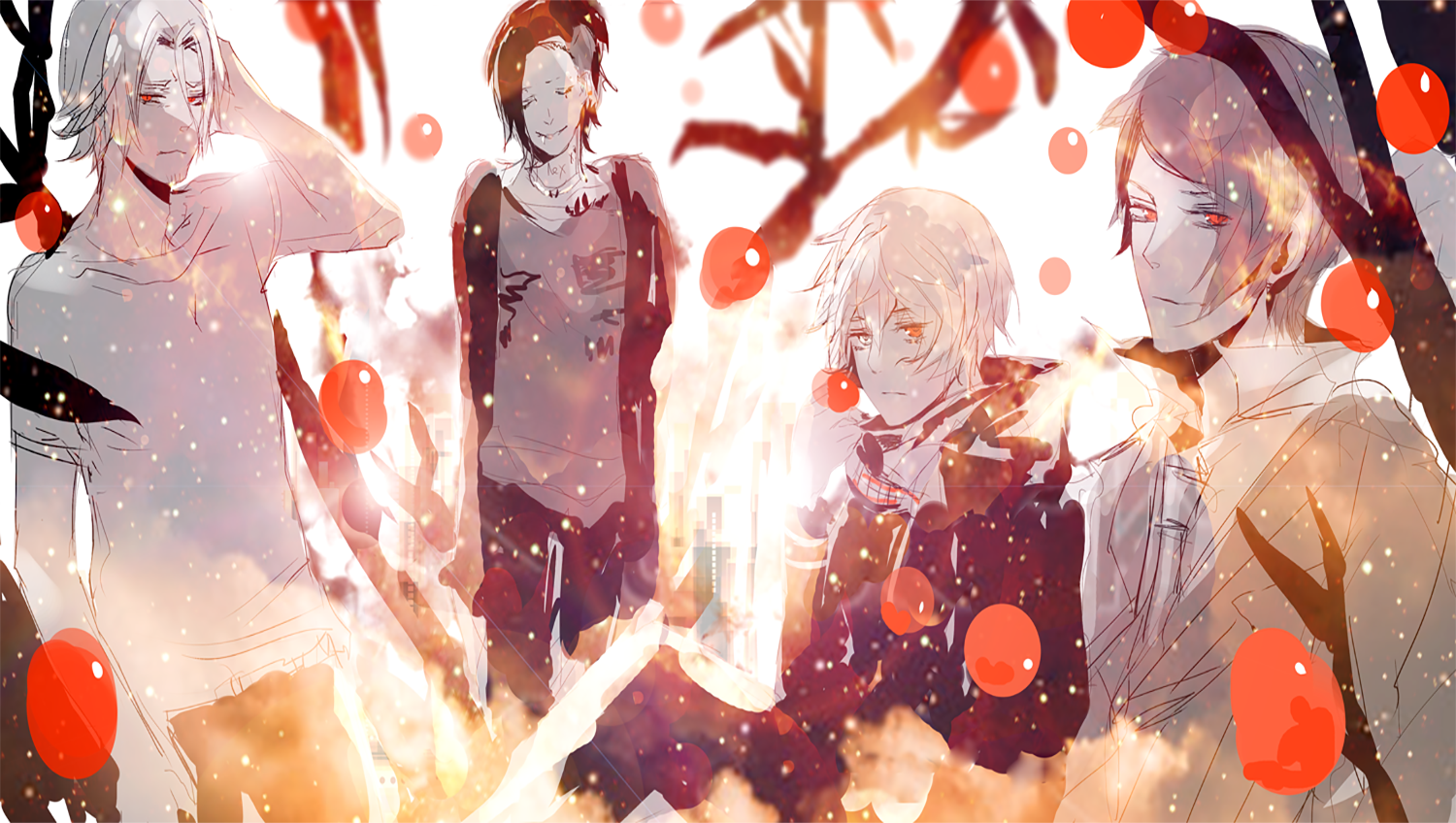 Four young men with red eyes and anime style HD Wallpaper