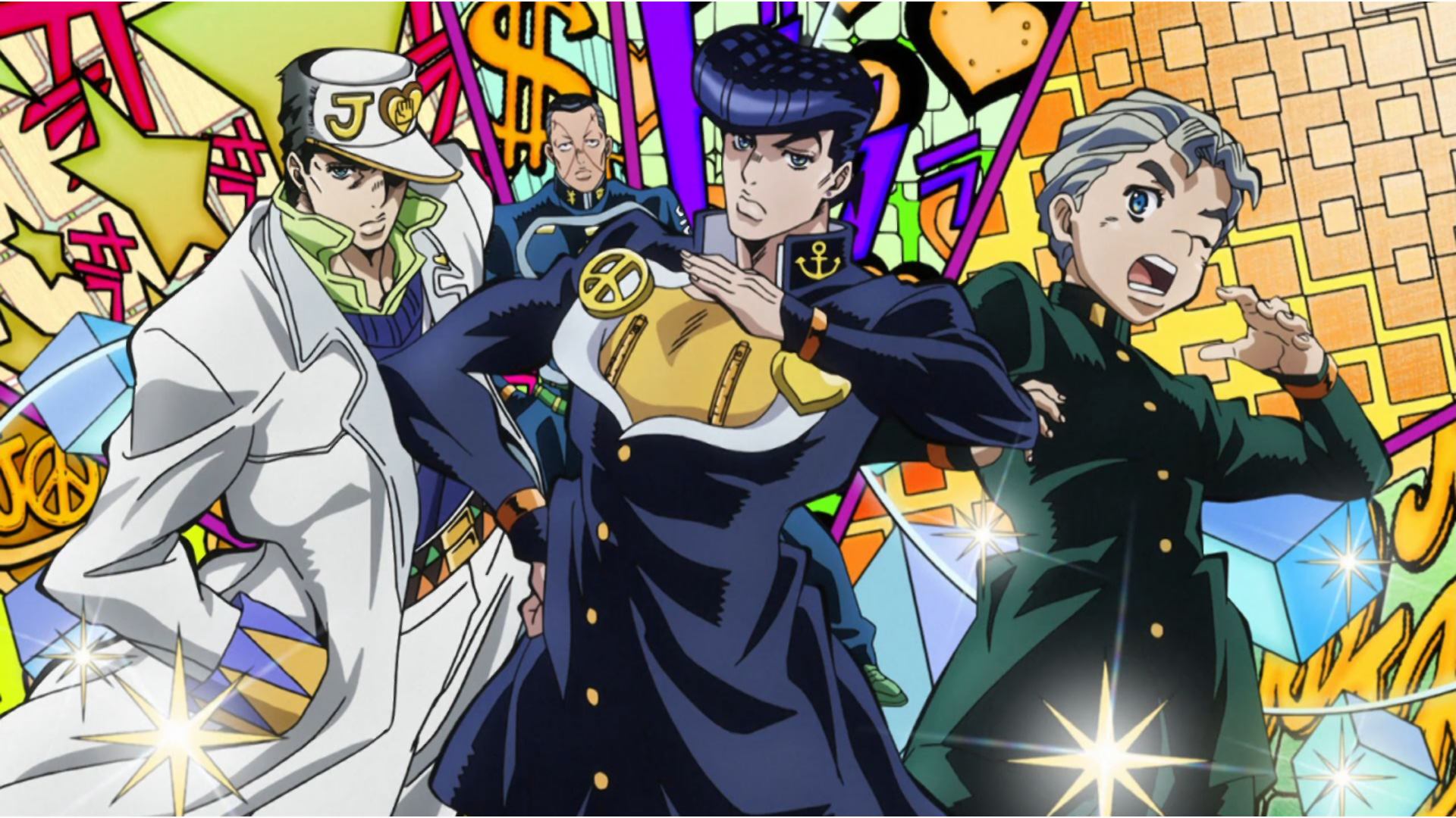 Josuke Higashikata, Jotaro Kujo, Okuyasu Nijimura, and Koichi Hirose from JoJo's Bizarre Adventure HD Wallpaper