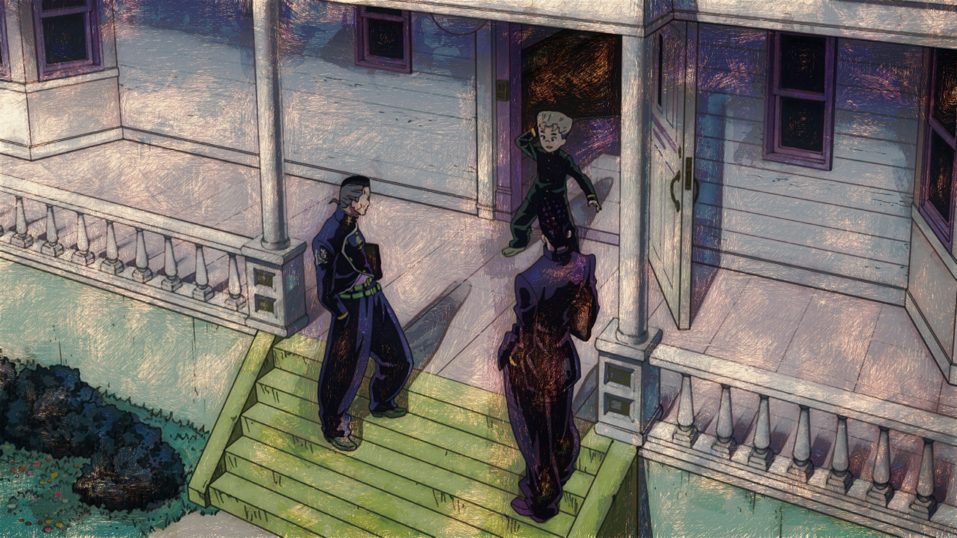 Okuyasu Nijimura and two other characters outside a house HD Wallpaper