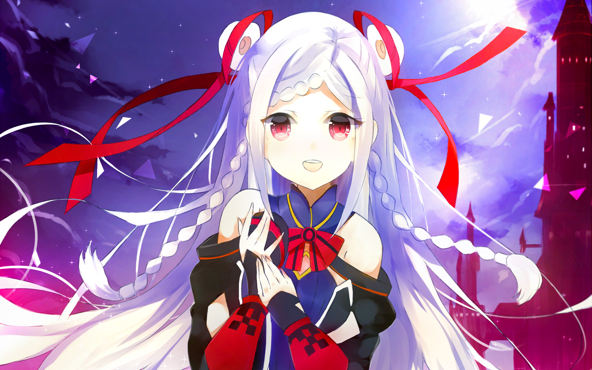 Girl with white hair and red ribbons HD Wallpaper
