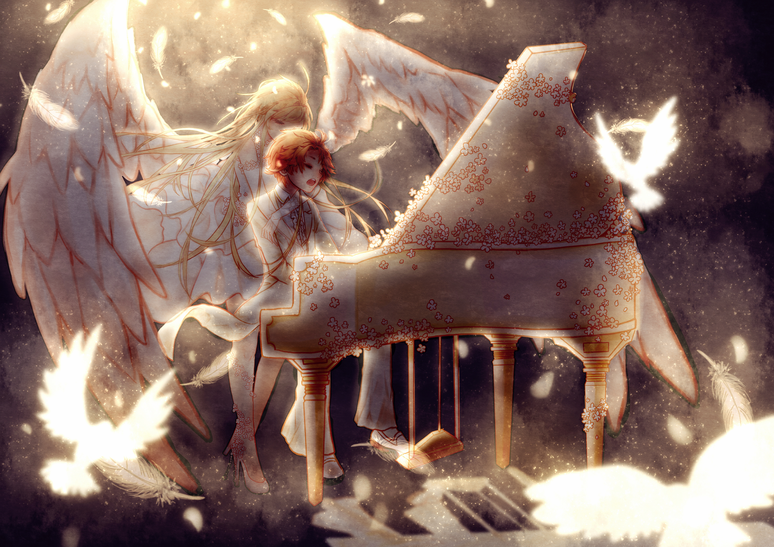 Anime characters playing piano with angel wings HD Wallpaper