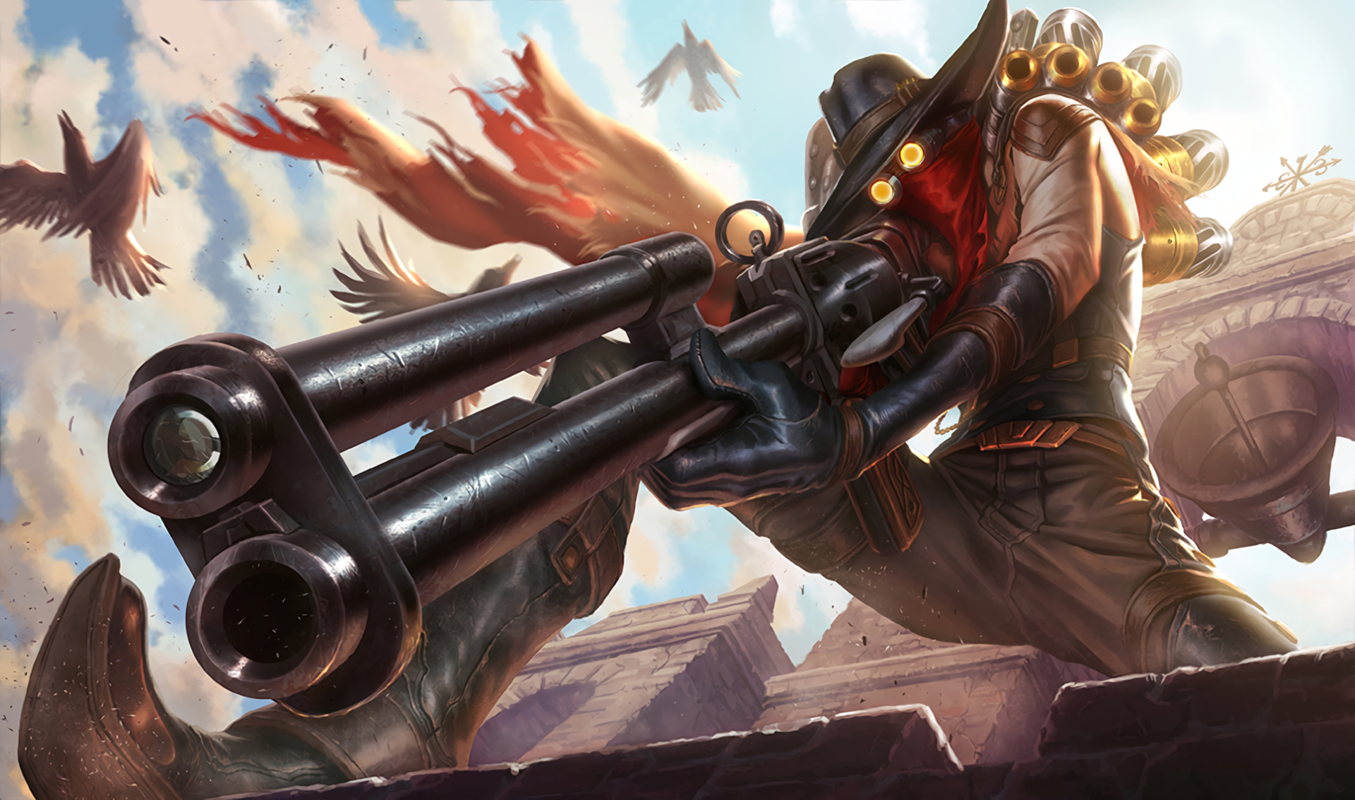 Jhin from League of Legends with a rifle HD Wallpaper