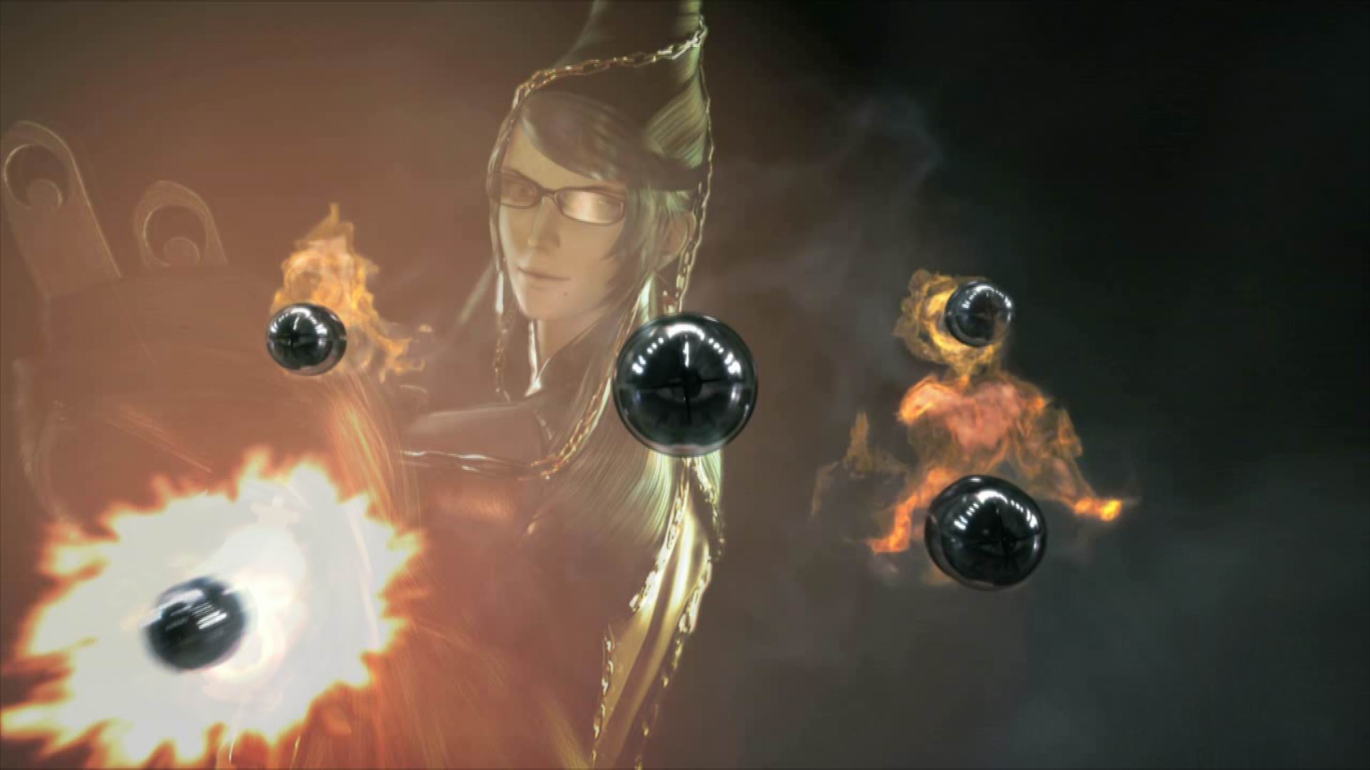 Bayonetta with magical orbs and fire effects HD Wallpaper