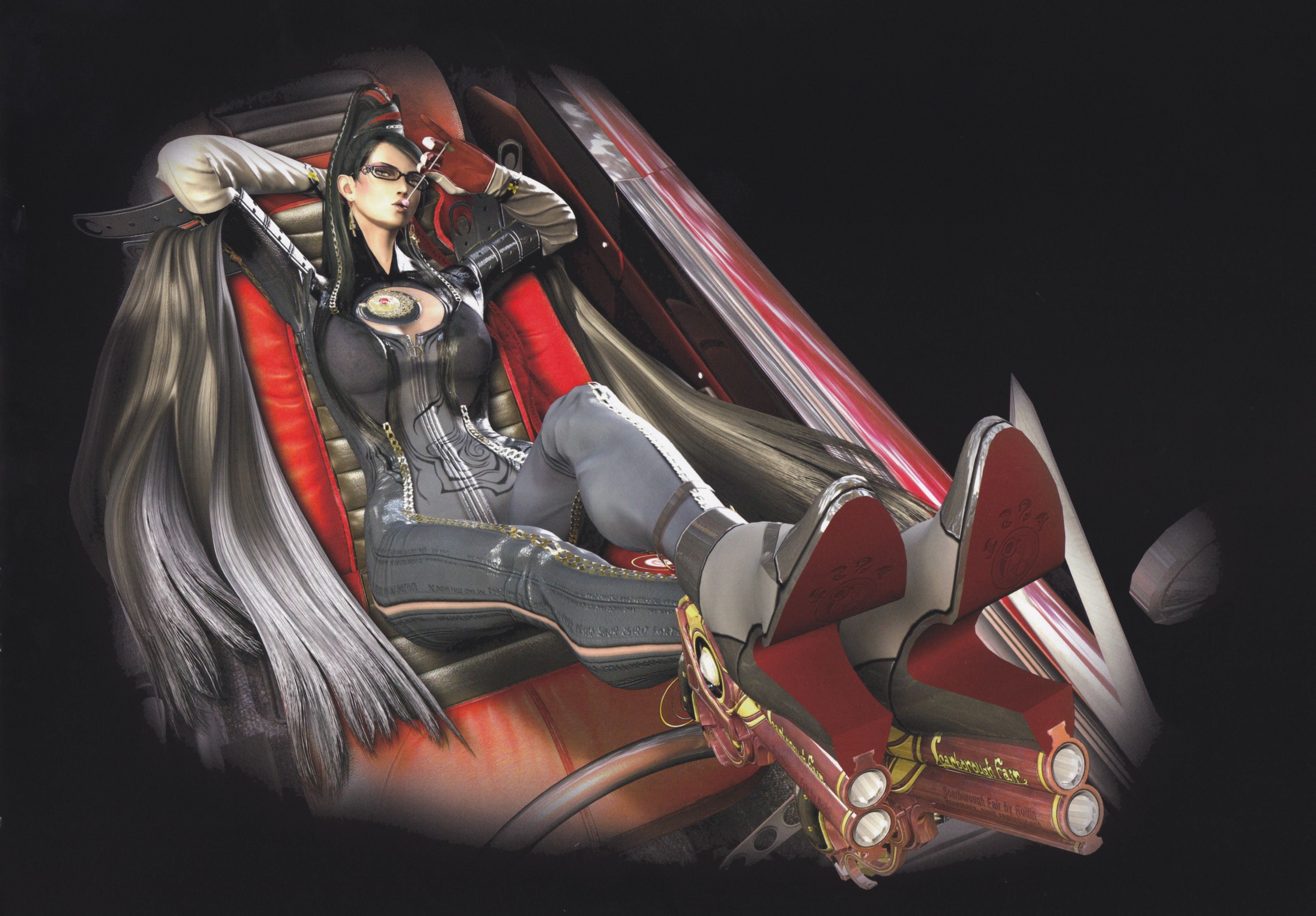 Bayonetta sitting in a futuristic chair with guns HD Wallpaper