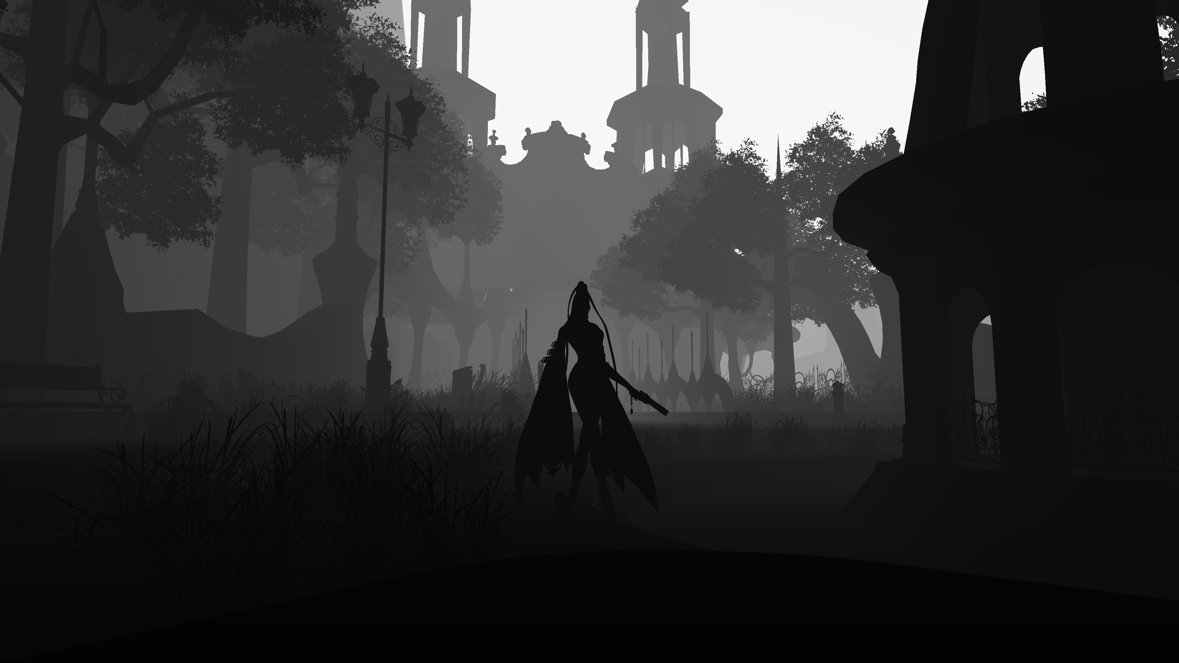 Bayonetta in a foggy park HD Wallpaper