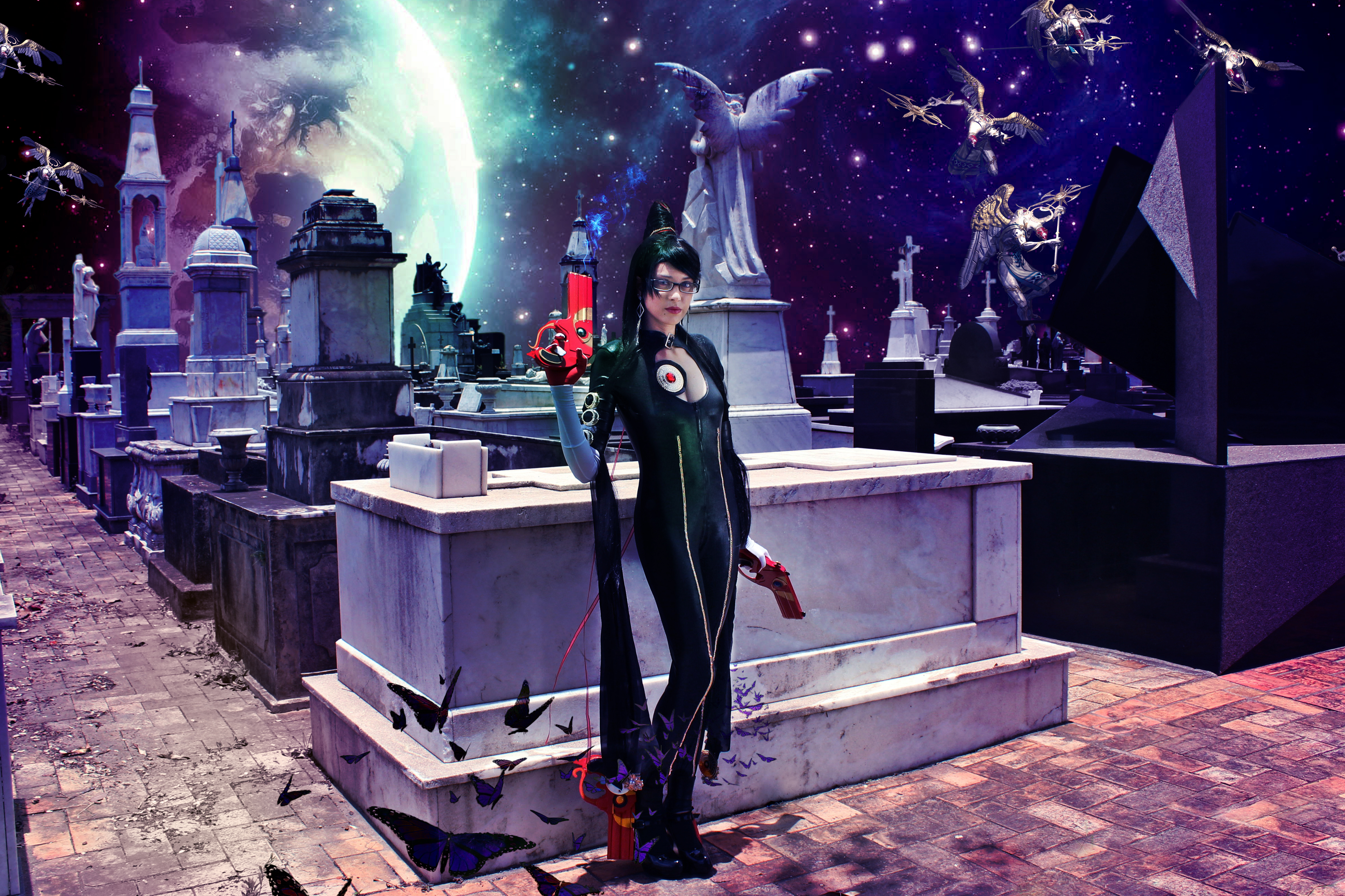 Bayonetta in a graveyard with a planet in the background HD Wallpaper