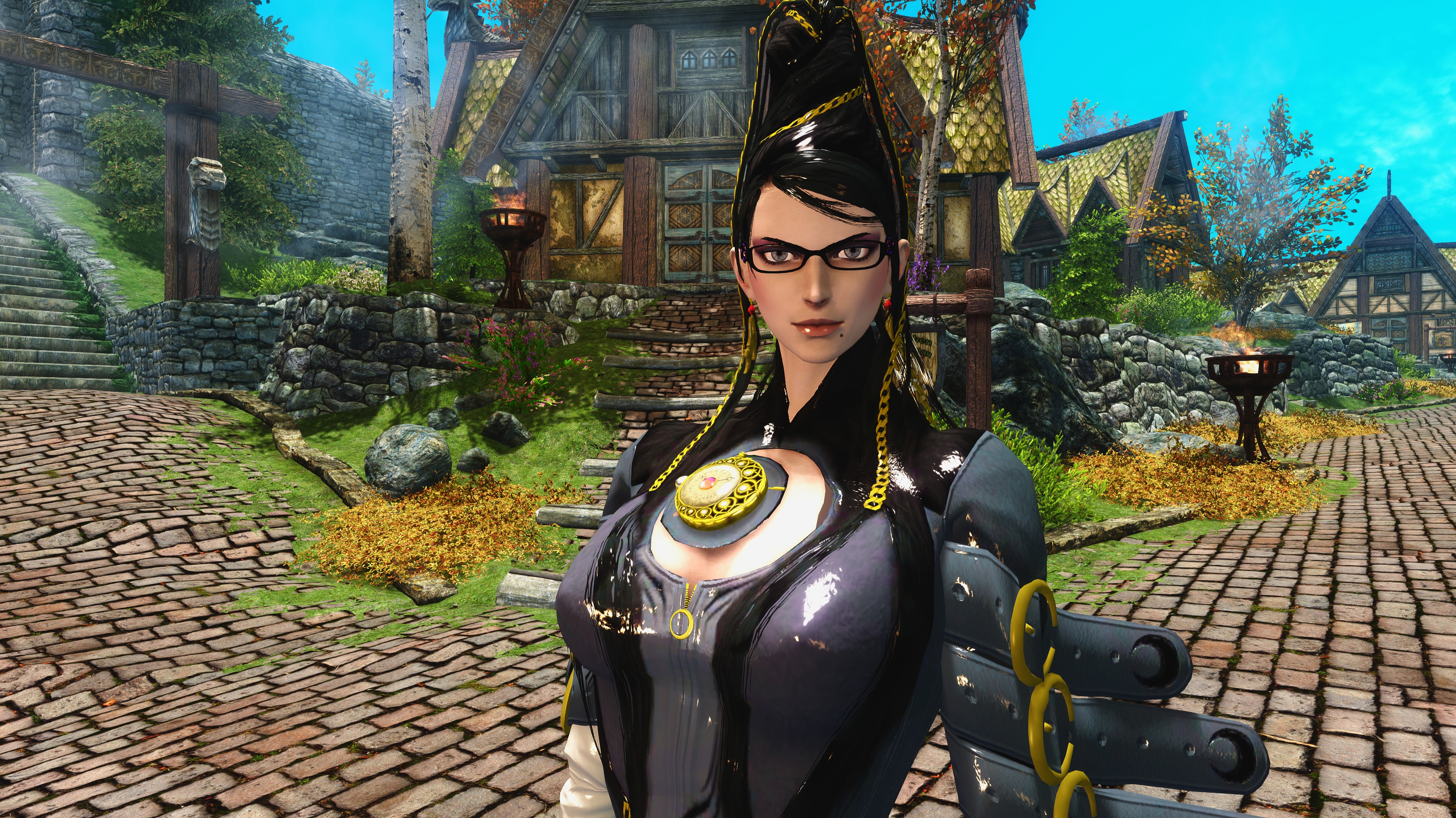 Bayonetta in a village setting HD Wallpaper