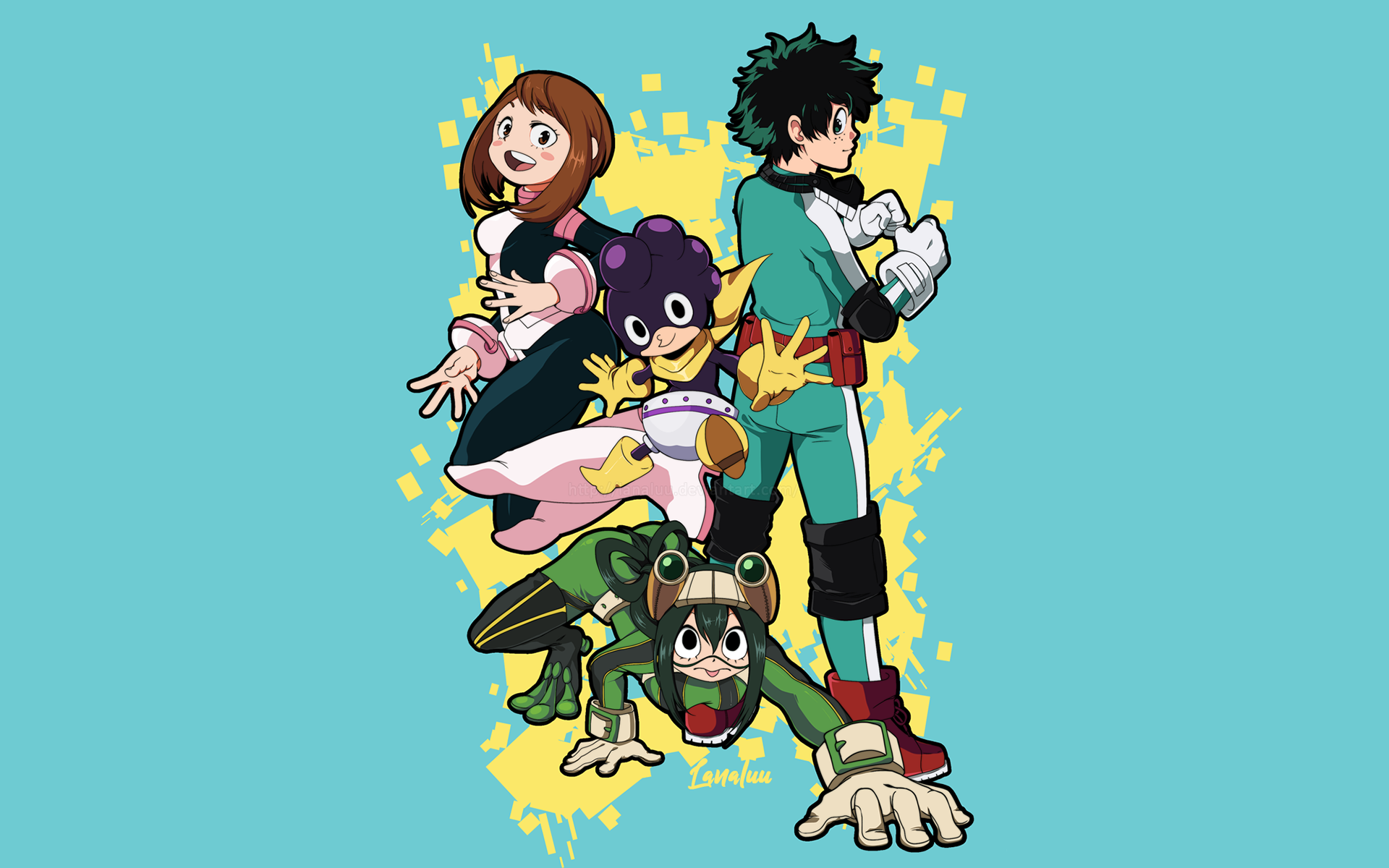 My Hero Academia characters Ochaco Uraraka, Minoru Mineta, Tsuyu Asui, and Izuku Midoriya HD Wallpaper