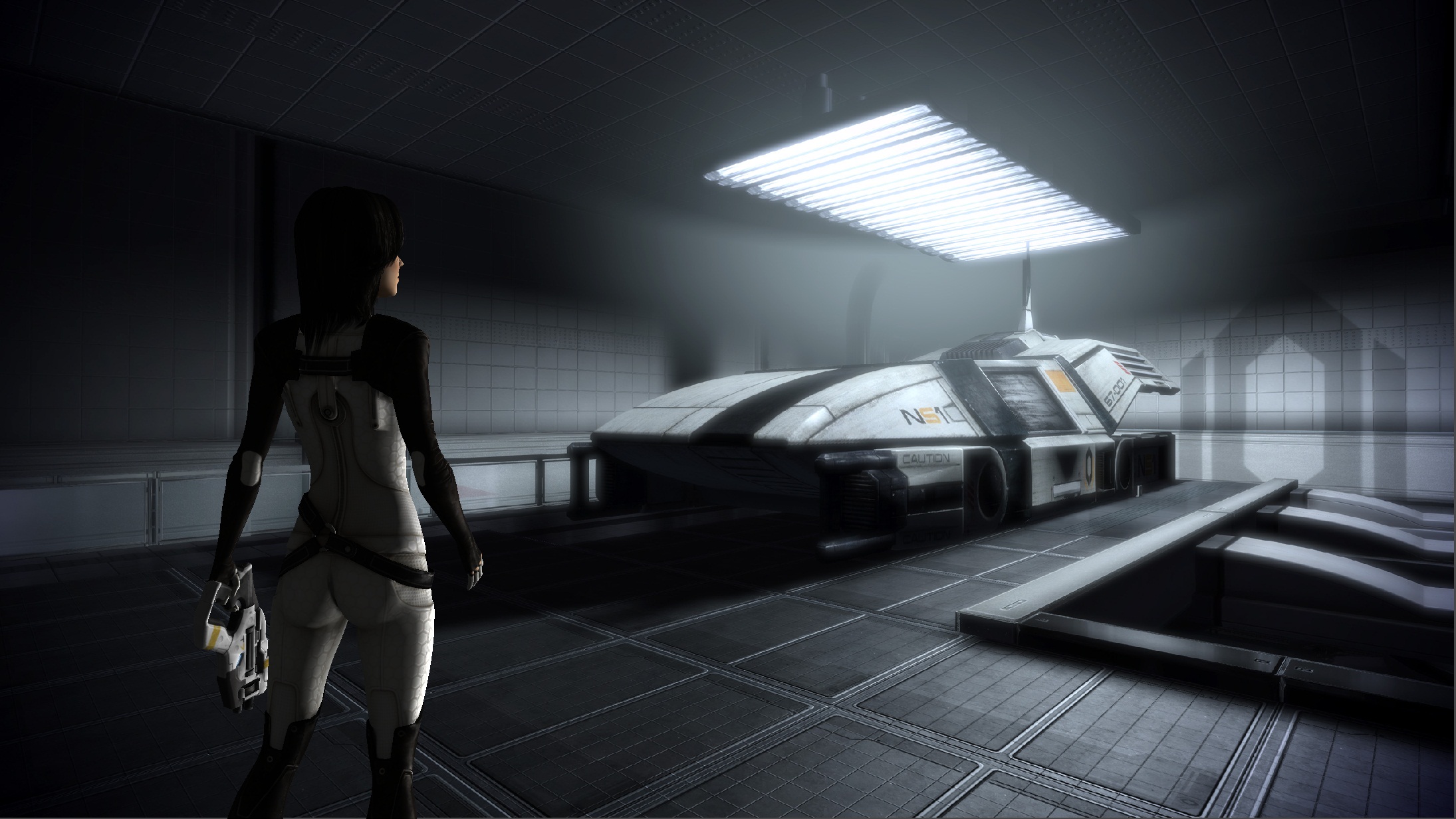 Miranda Lawson in a hangar with a vehicle HD Wallpaper