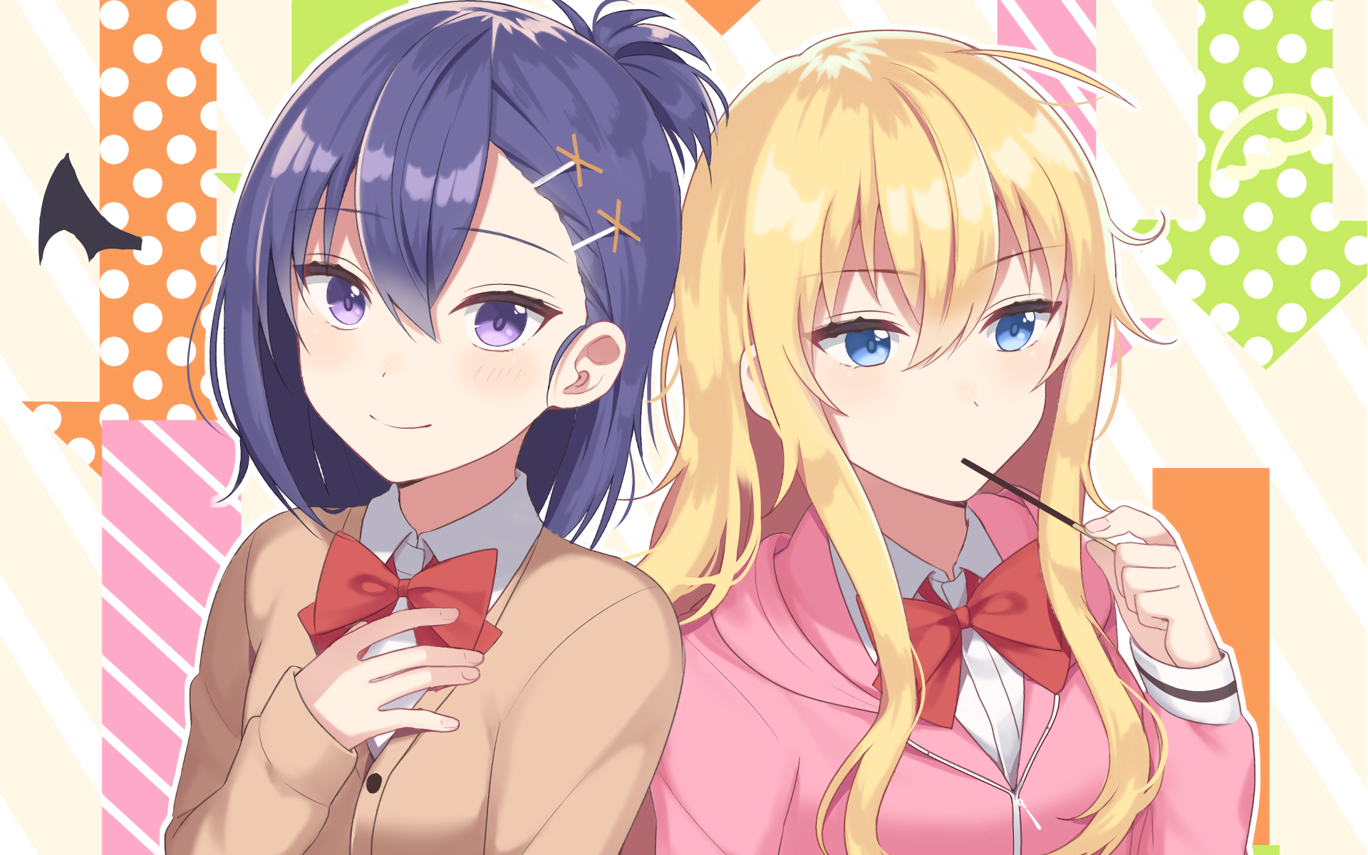 Two anime girls with purple and blonde hair HD Wallpaper