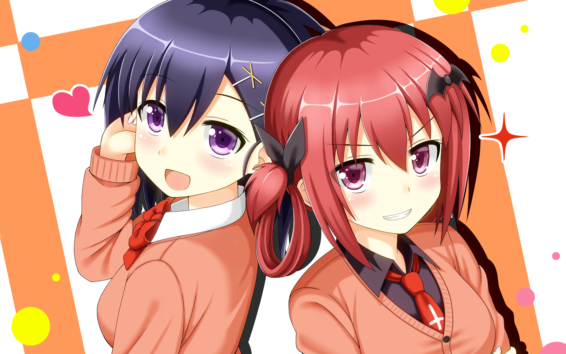 Two anime girls with purple and red hair HD Wallpaper