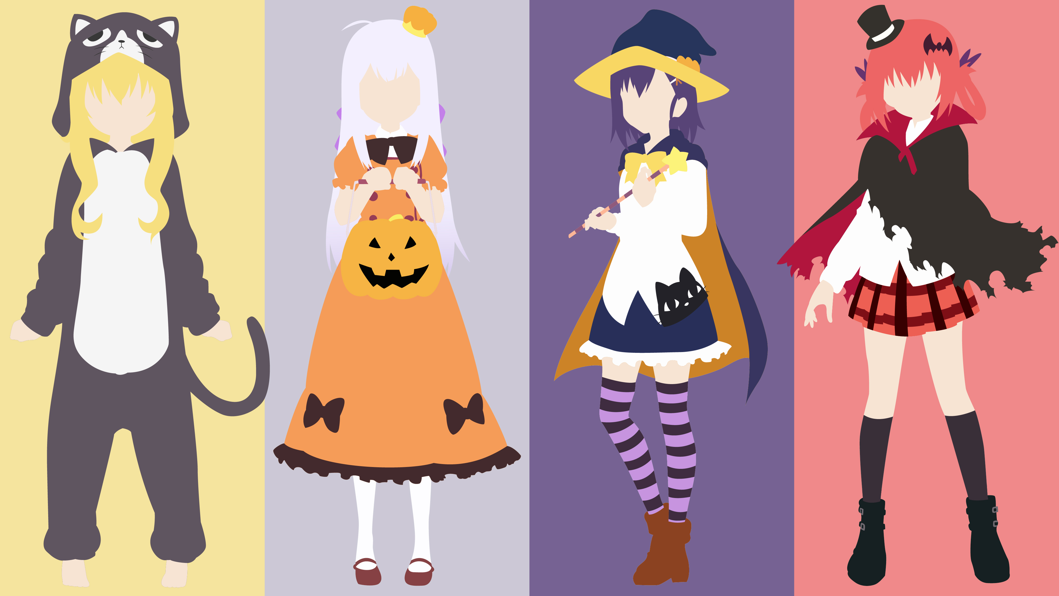 Four anime girls in Halloween costumes HD Wallpaper