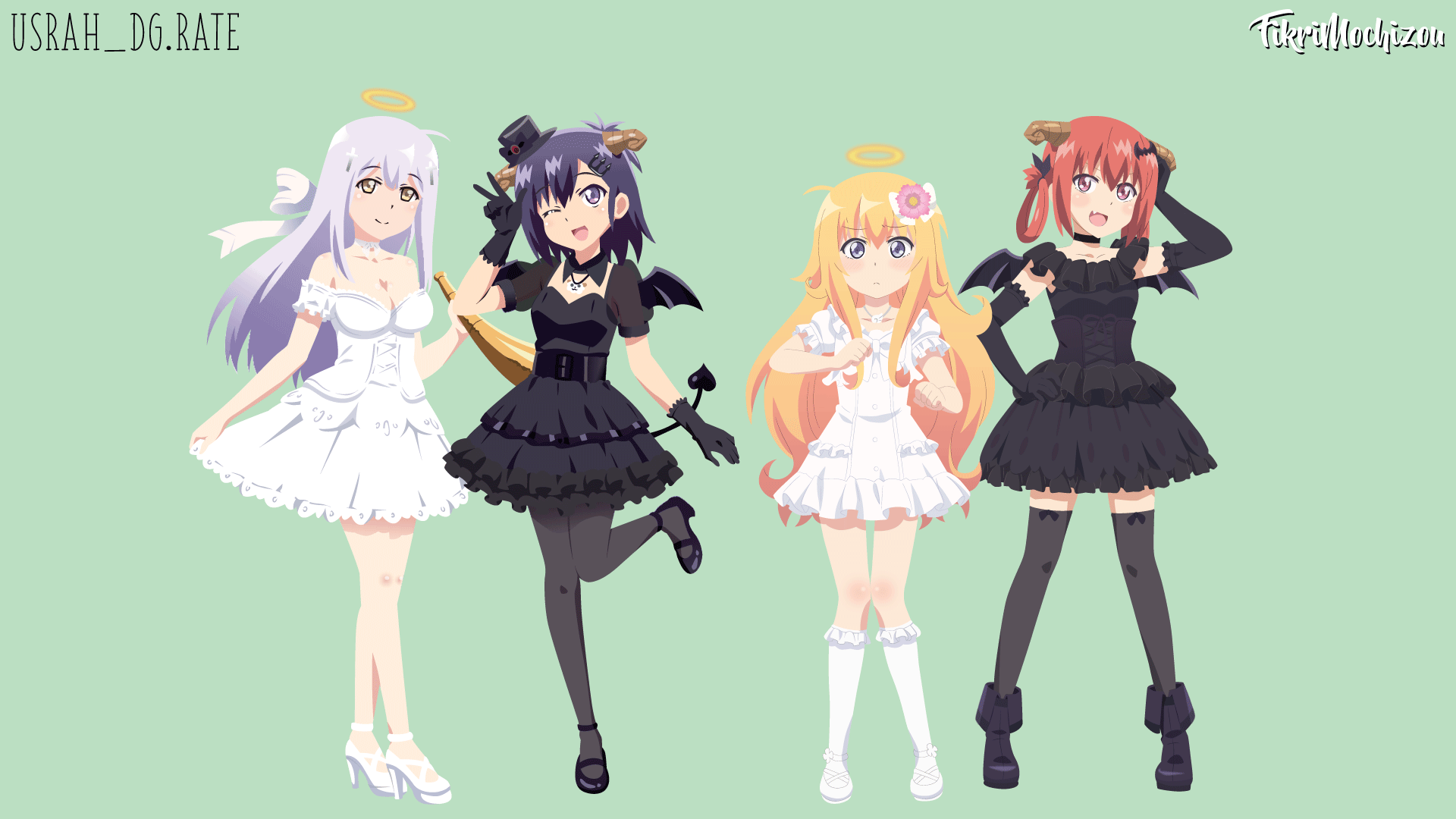 Four anime girls with wings and halos HD Wallpaper