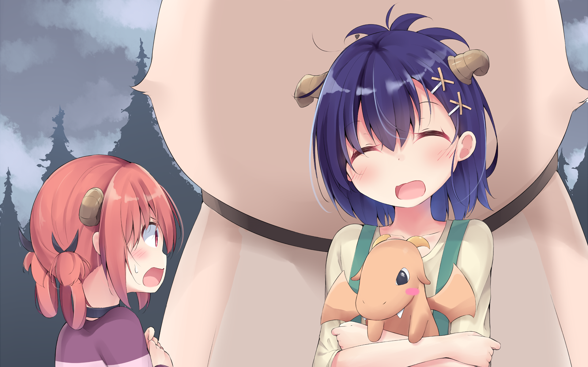 Two girls with horns and a dragon plush toy HD Wallpaper