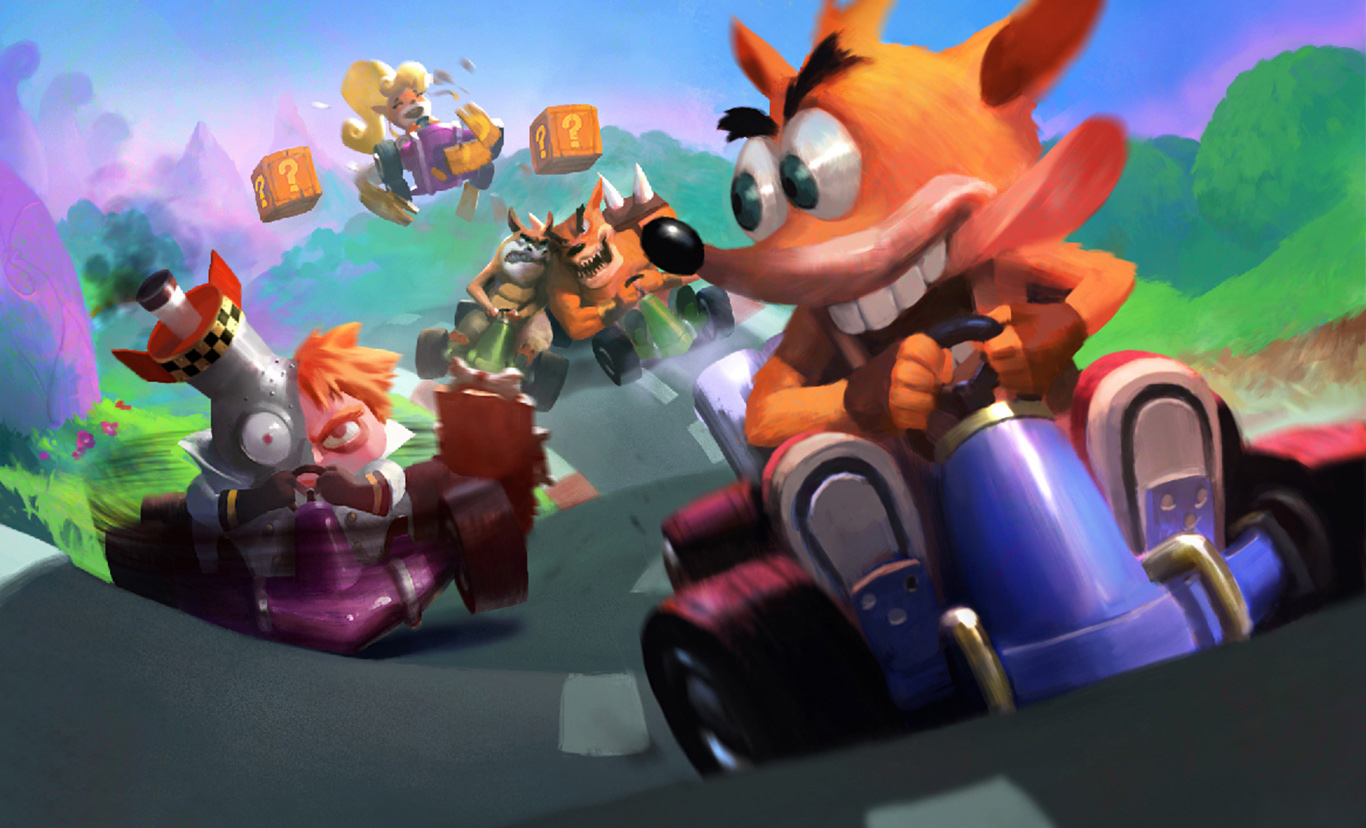 Crash Bandicoot characters racing karts HD Wallpaper