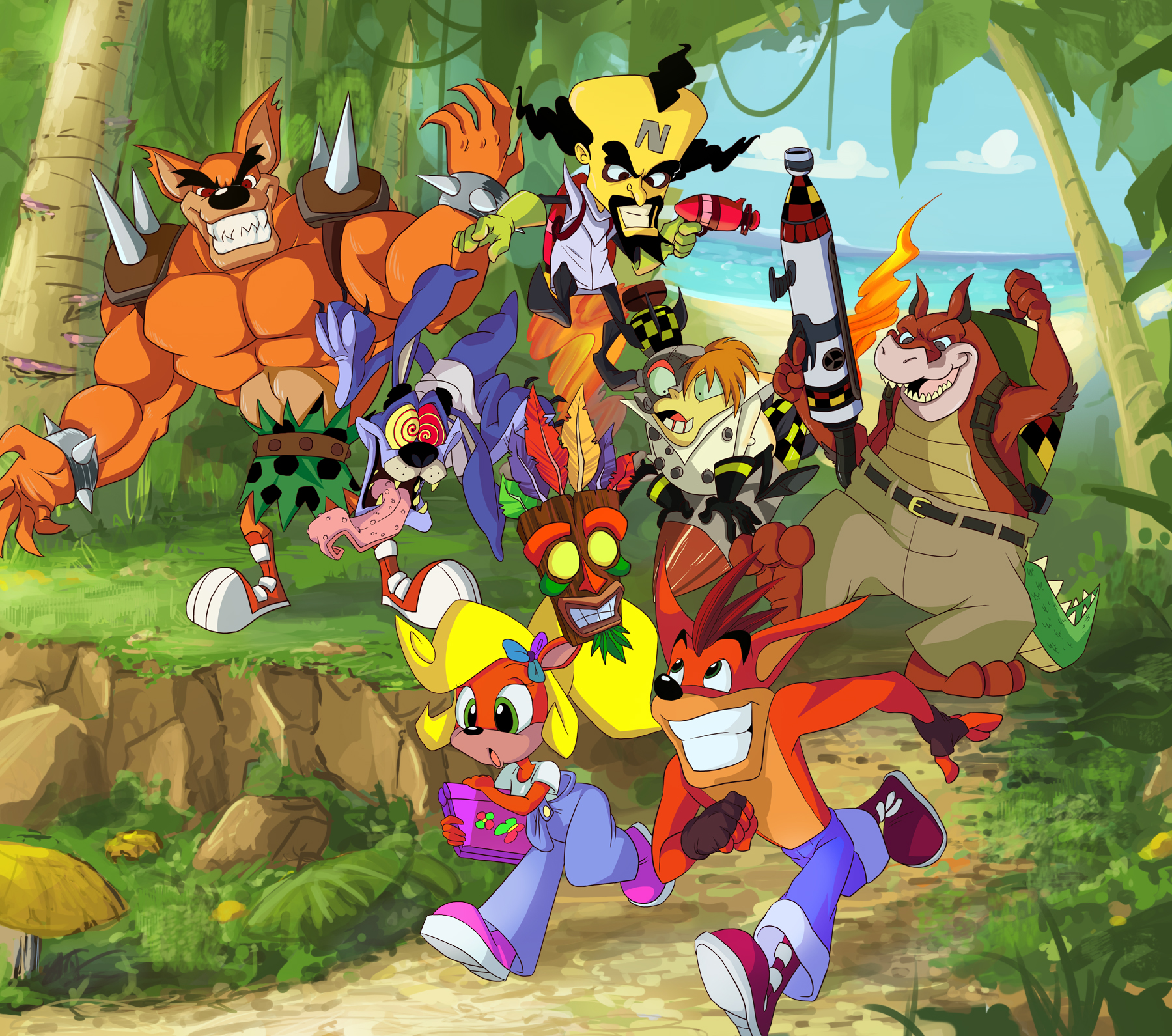 Crash Bandicoot characters in a jungle setting HD Wallpaper