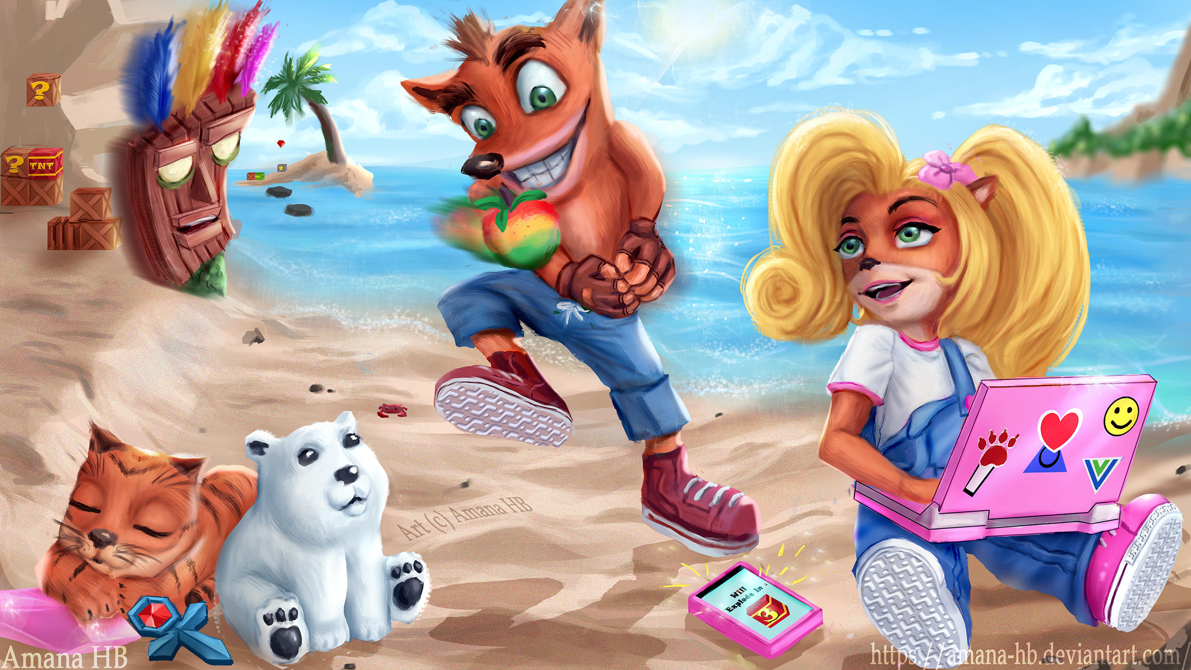 Crash and Coco Bandicoot on a Beach HD Wallpaper