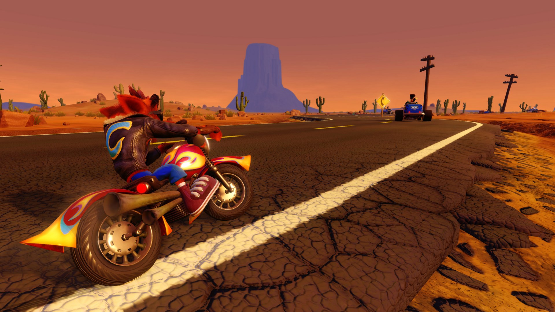Crash Bandicoot racing a motorcycle in a desert HD Wallpaper