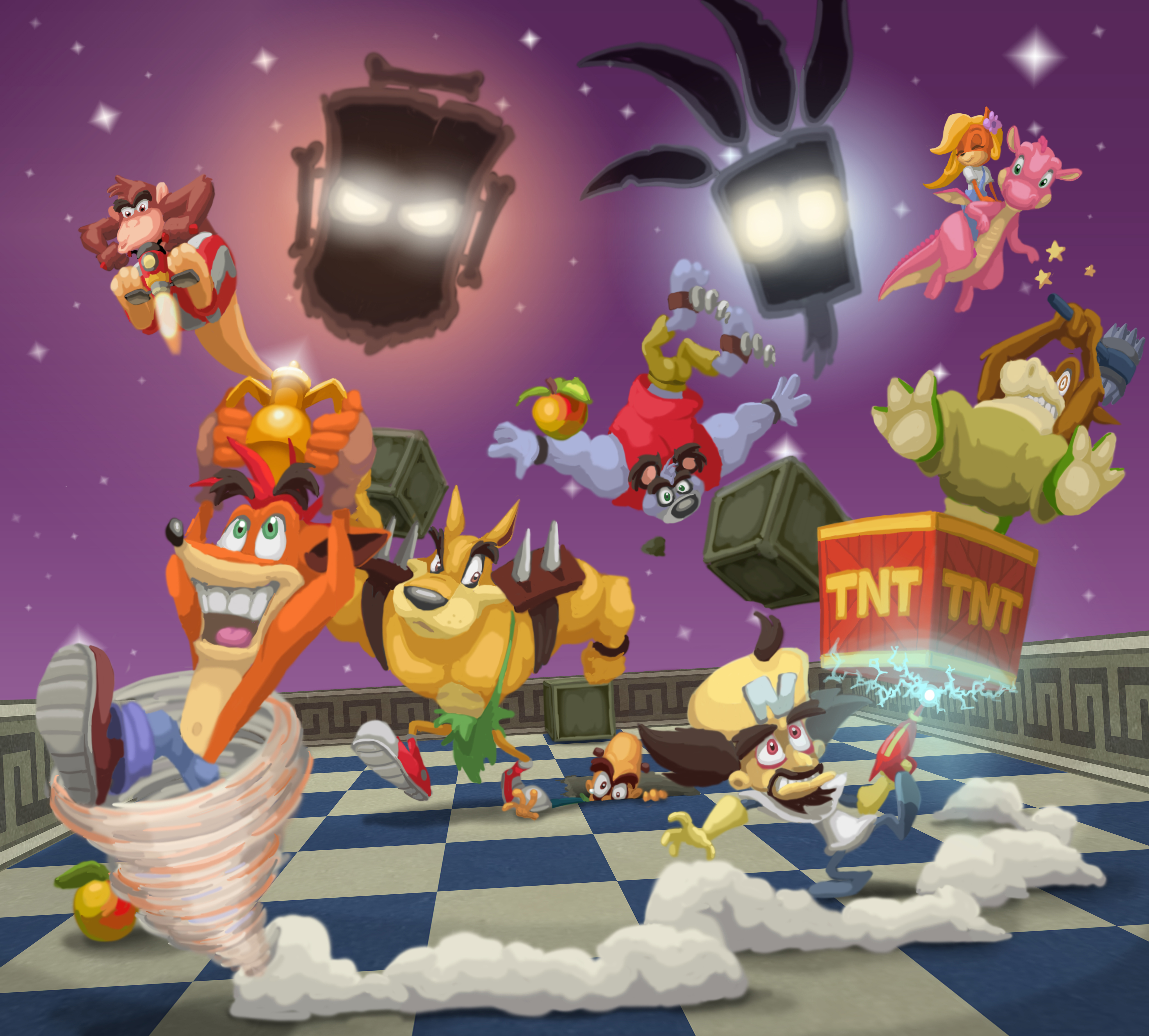 Crash Bandicoot characters in a chaotic scene HD Wallpaper