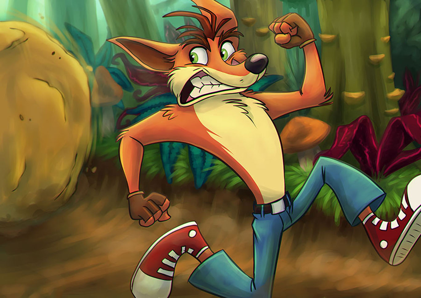 Crash Bandicoot running in a forest HD Wallpaper