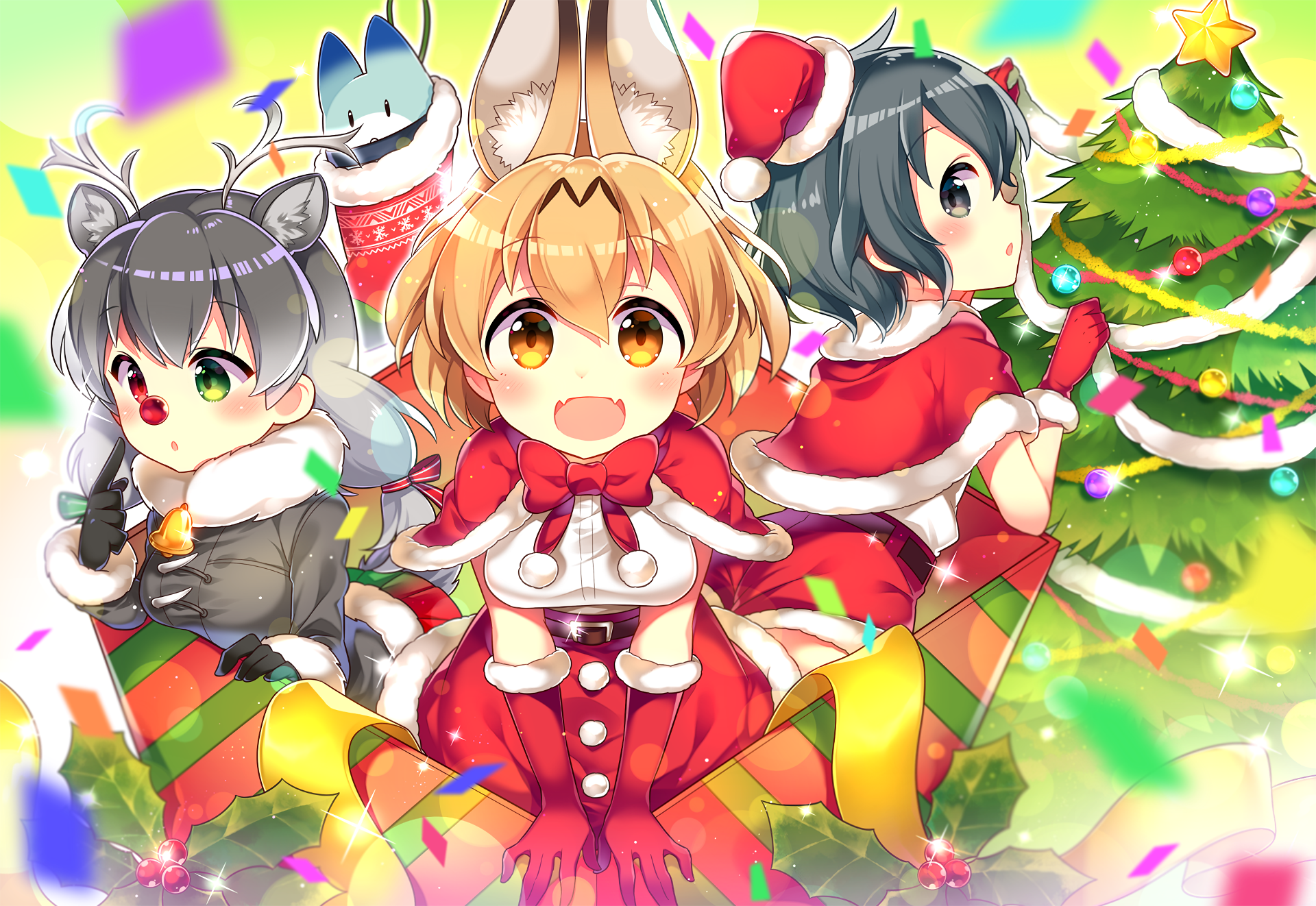 Kemono Friends characters in Christmas outfits HD Wallpaper