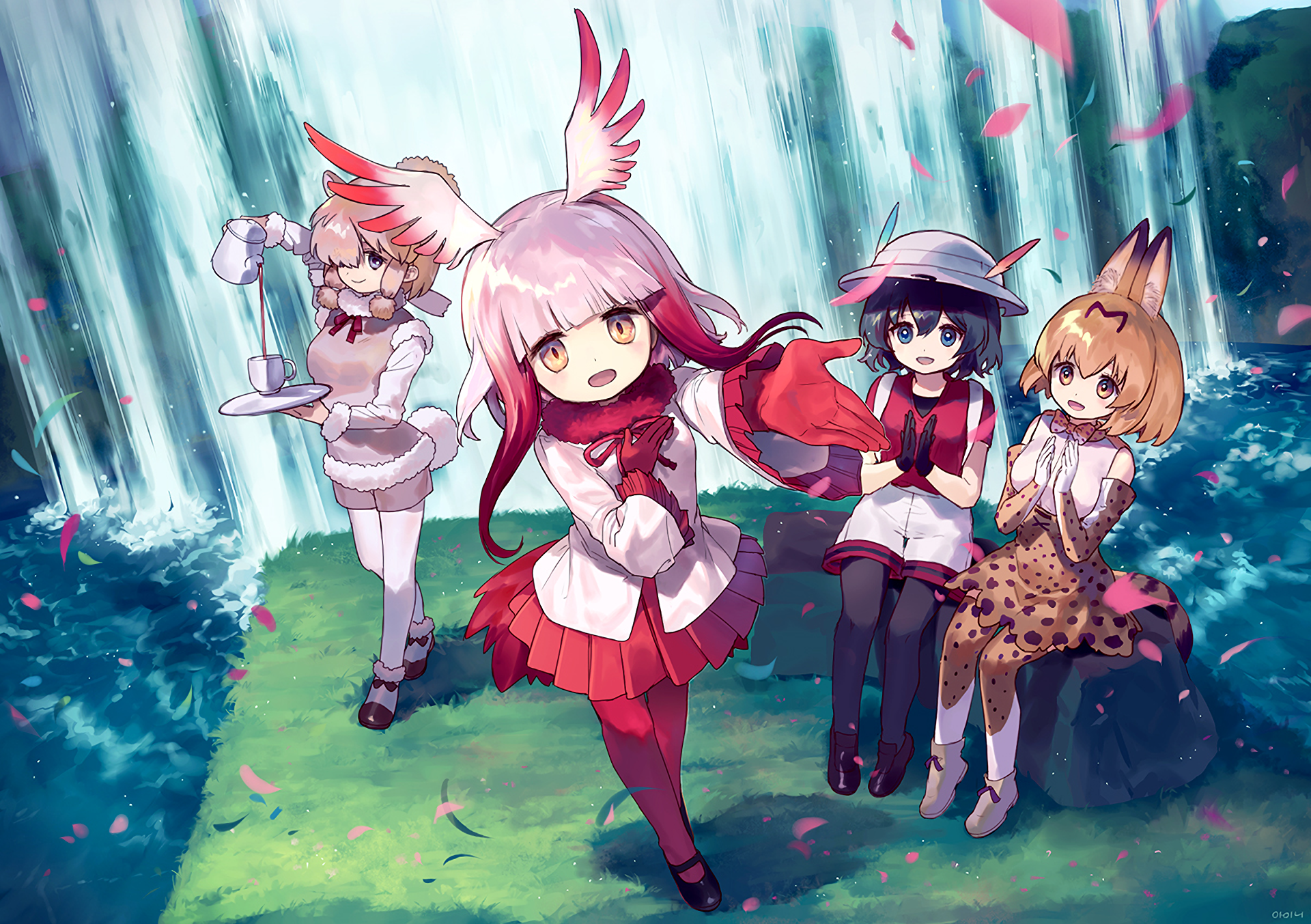 Serval from Kemono Friends with friends by waterfall HD Wallpaper