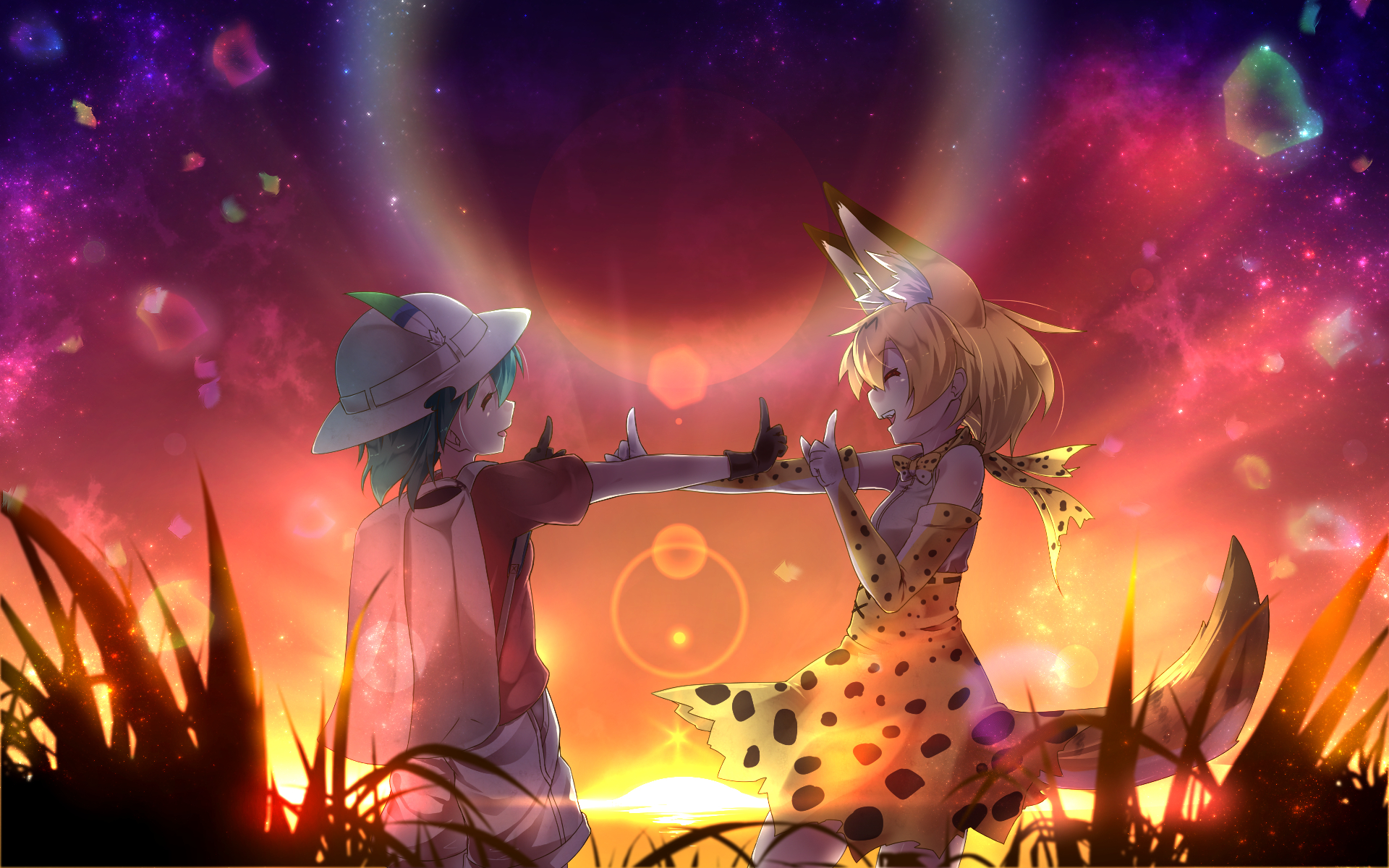 Serval from Kemono Friends and a girl at sunset HD Wallpaper