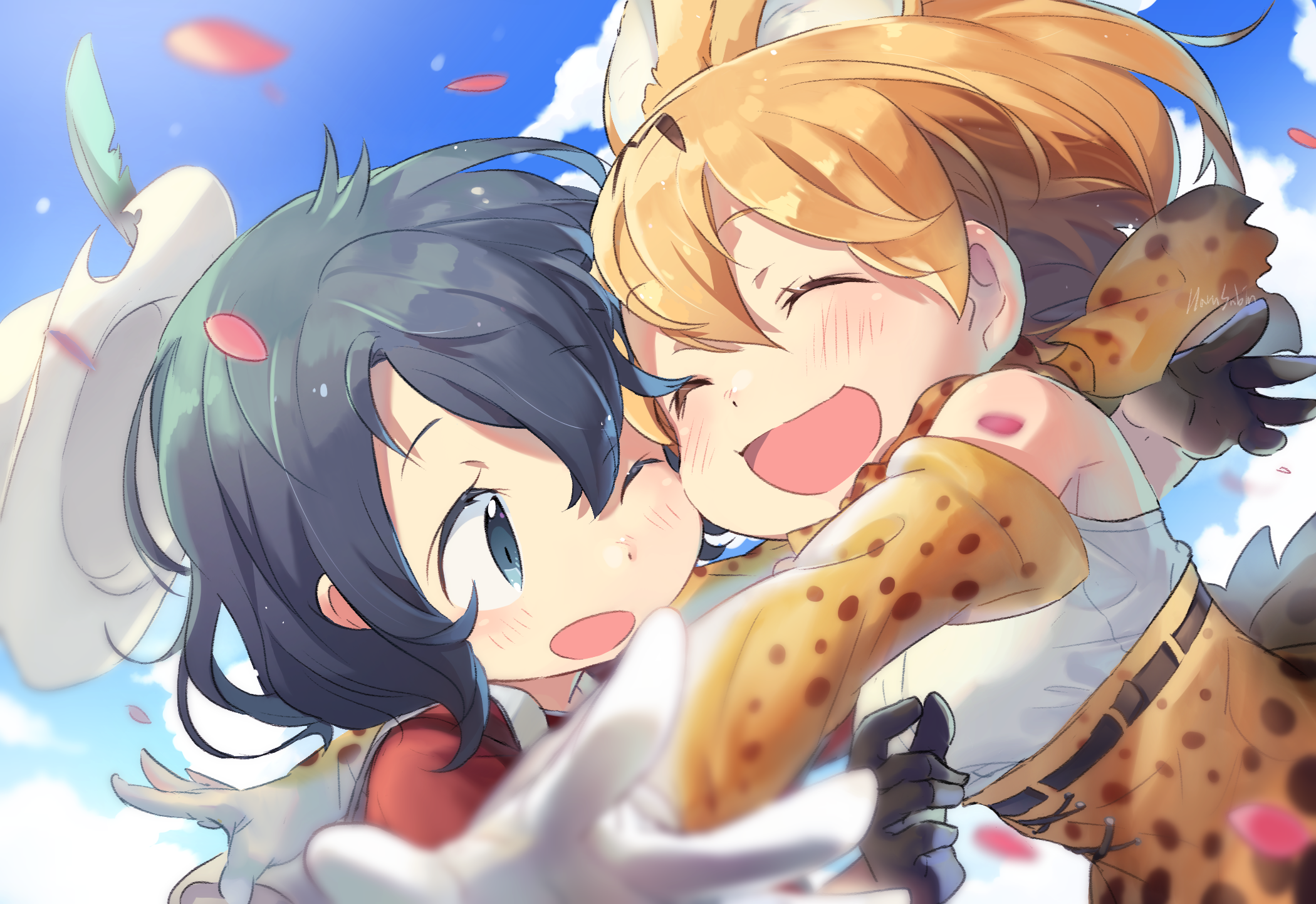 Serval from Kemono Friends hugging another character HD Wallpaper