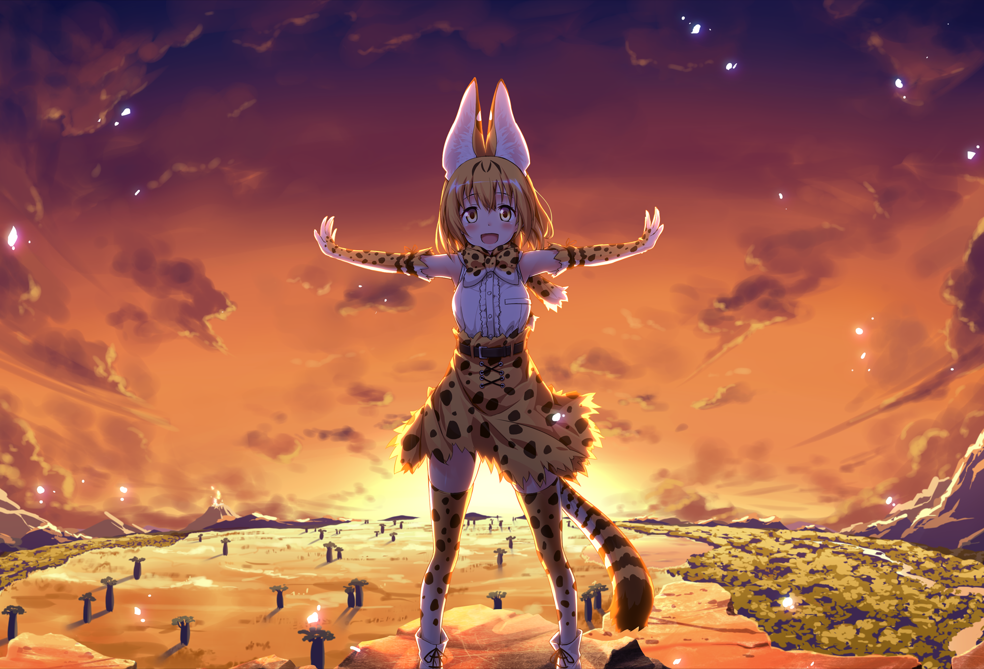 Serval from Kemono Friends in a savanna landscape HD Wallpaper