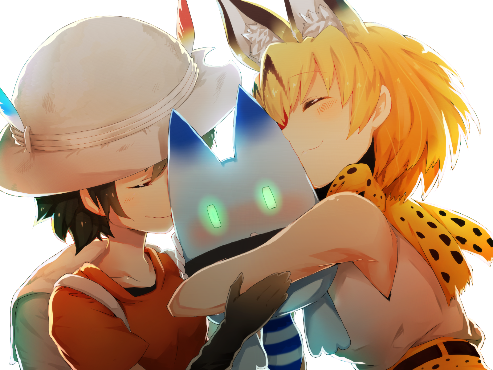 Serval from Kemono Friends hugging a plush toy and a person HD Wallpaper