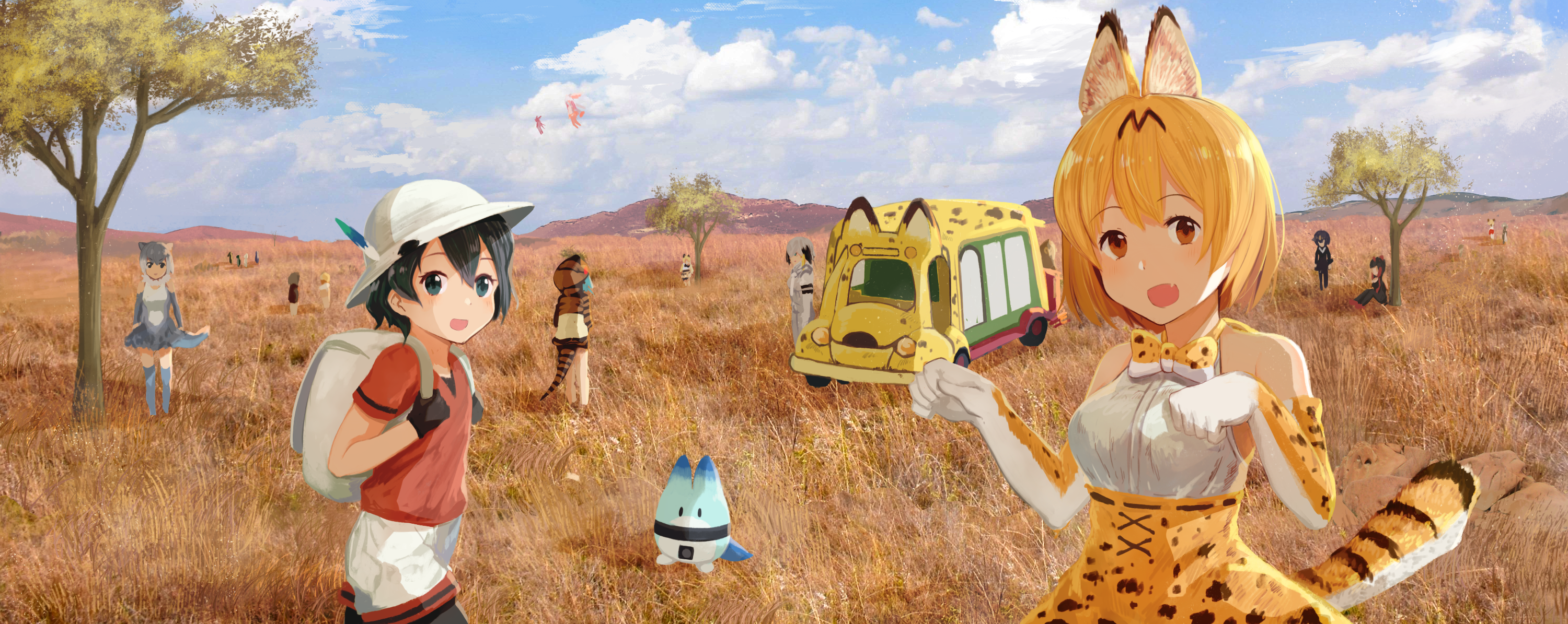 Serval from Kemono Friends in a savanna with a bus HD Wallpaper