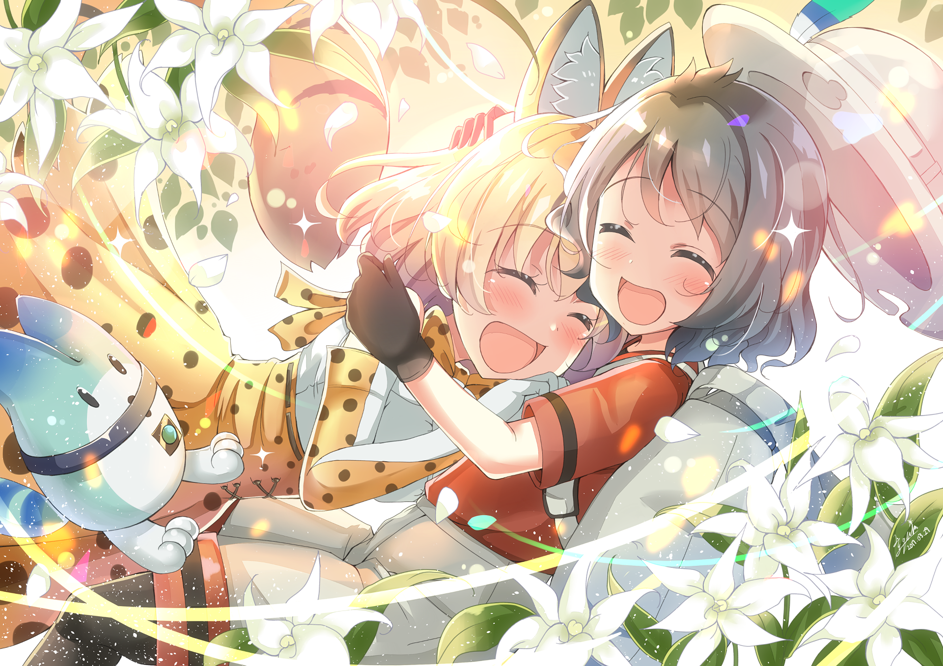 Serval and Caracal from Kemono Friends hugging HD Wallpaper