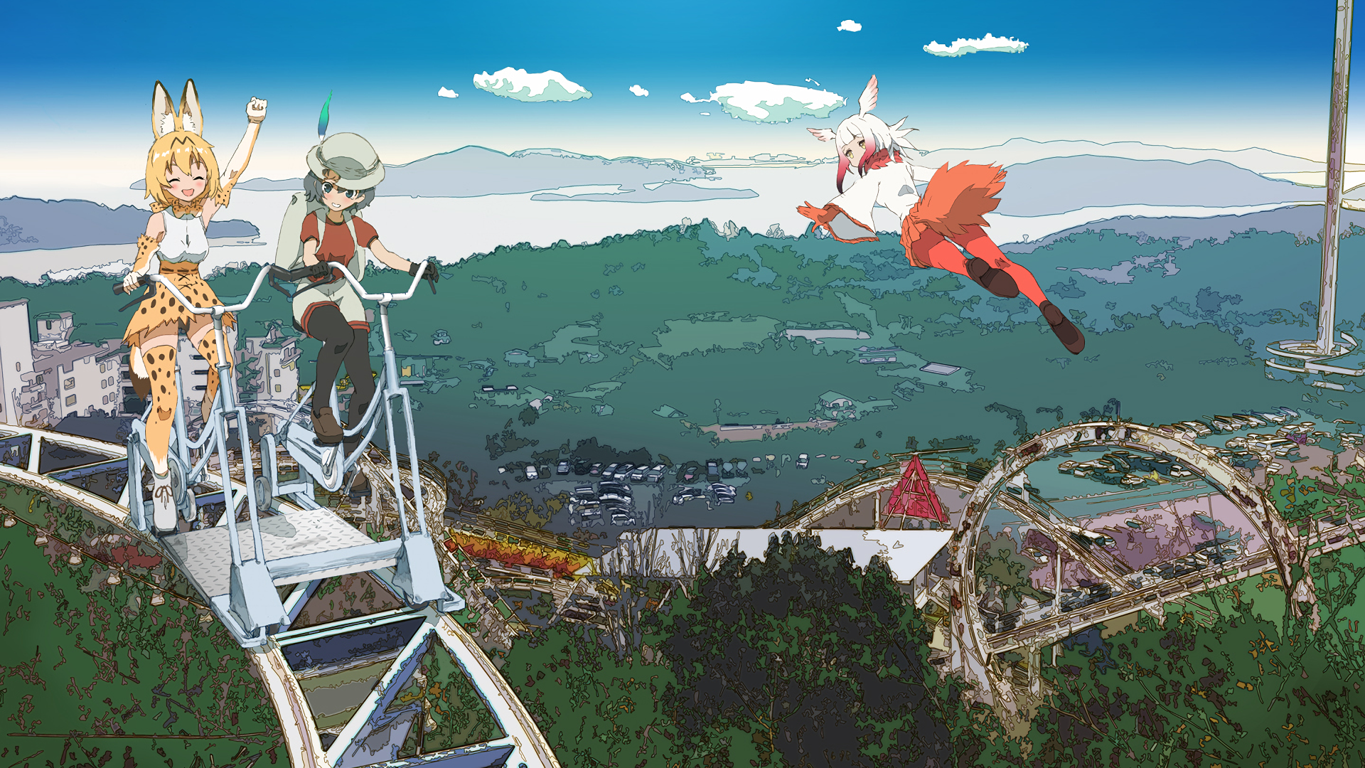 Serval and Fennec from Kemono Friends on a roller coaster HD Wallpaper