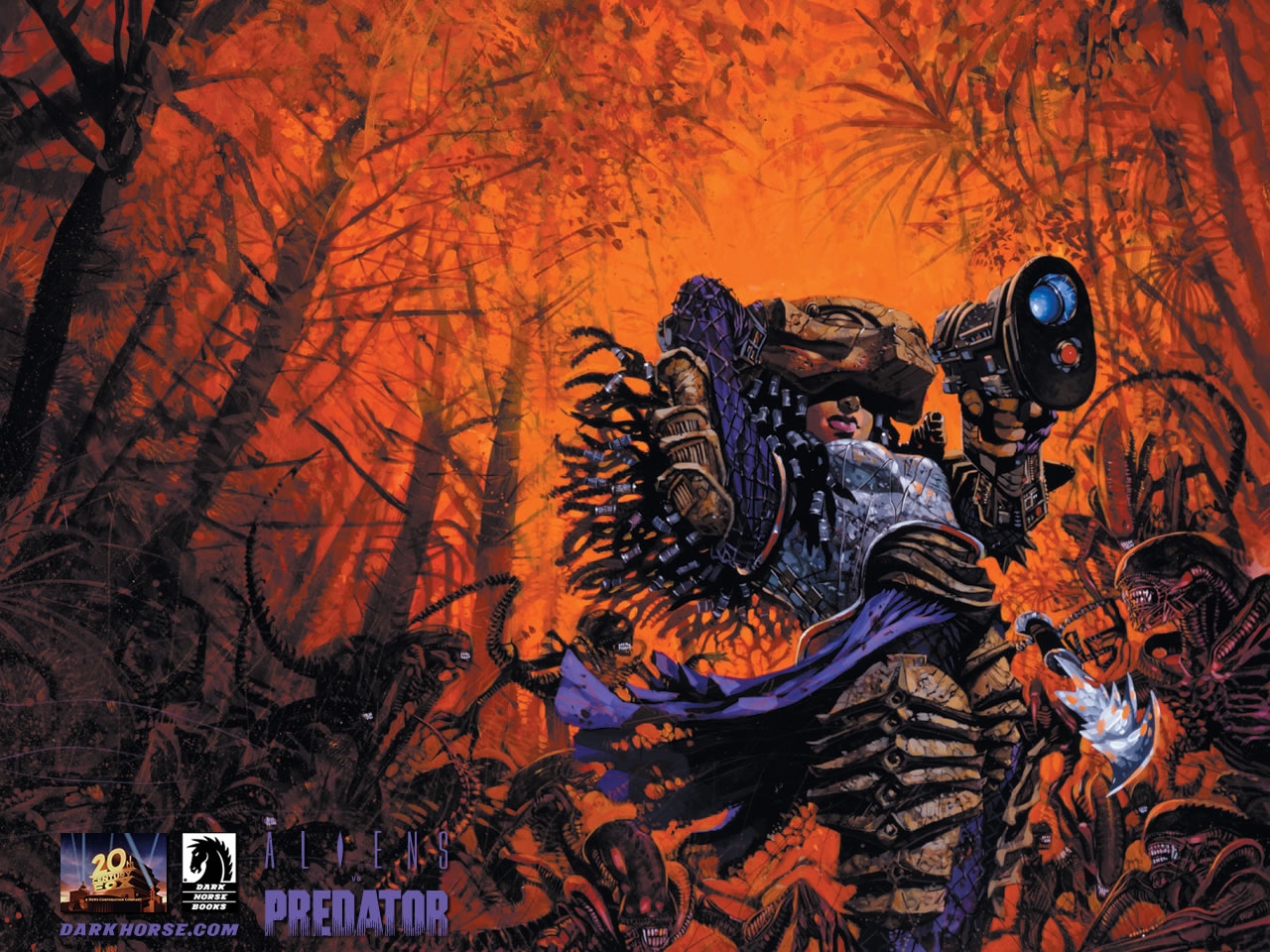 Predator and Xenomorphs from Aliens vs. Predator HD Wallpaper