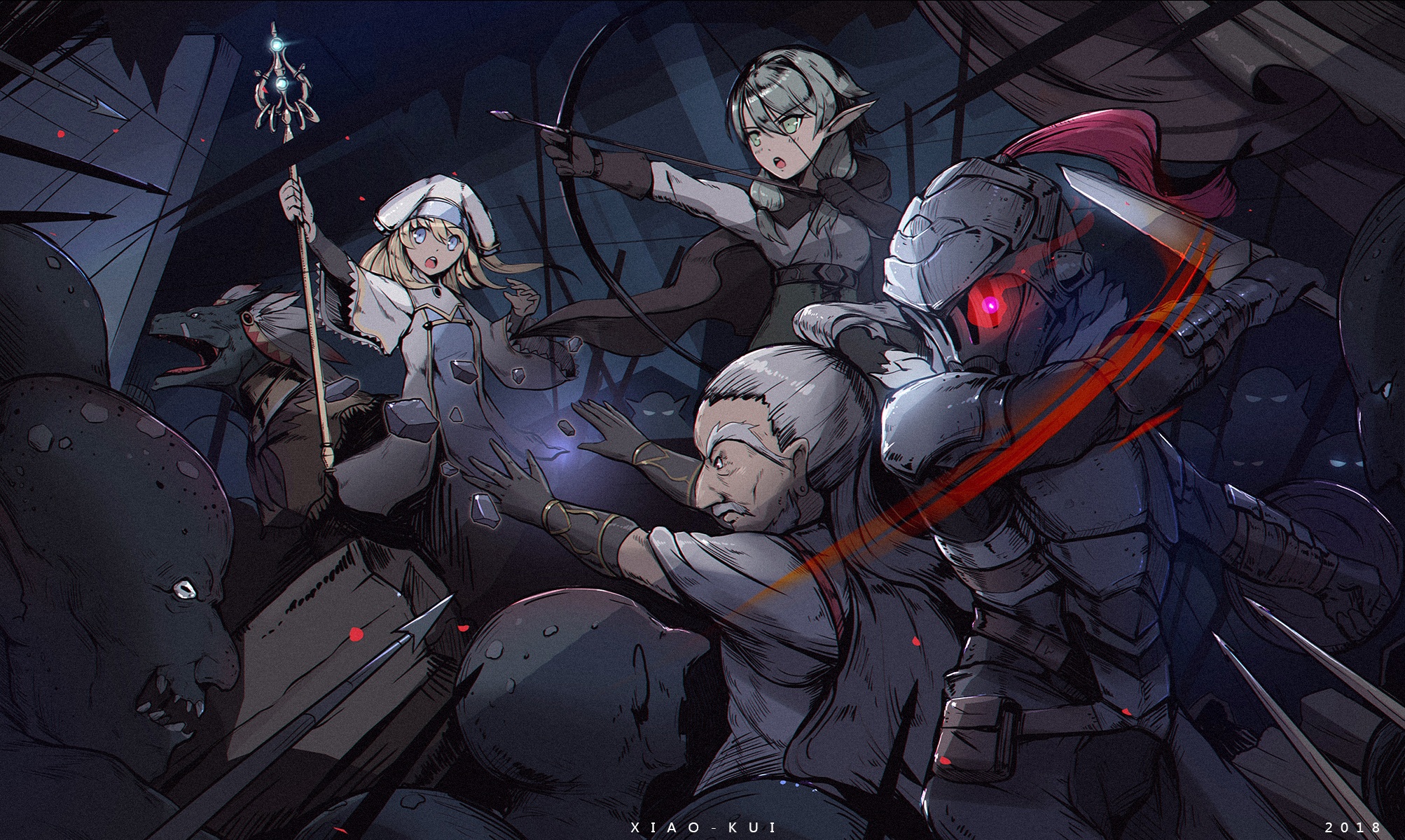 Priestess and allies fighting goblins from Goblin Slayer HD Wallpaper