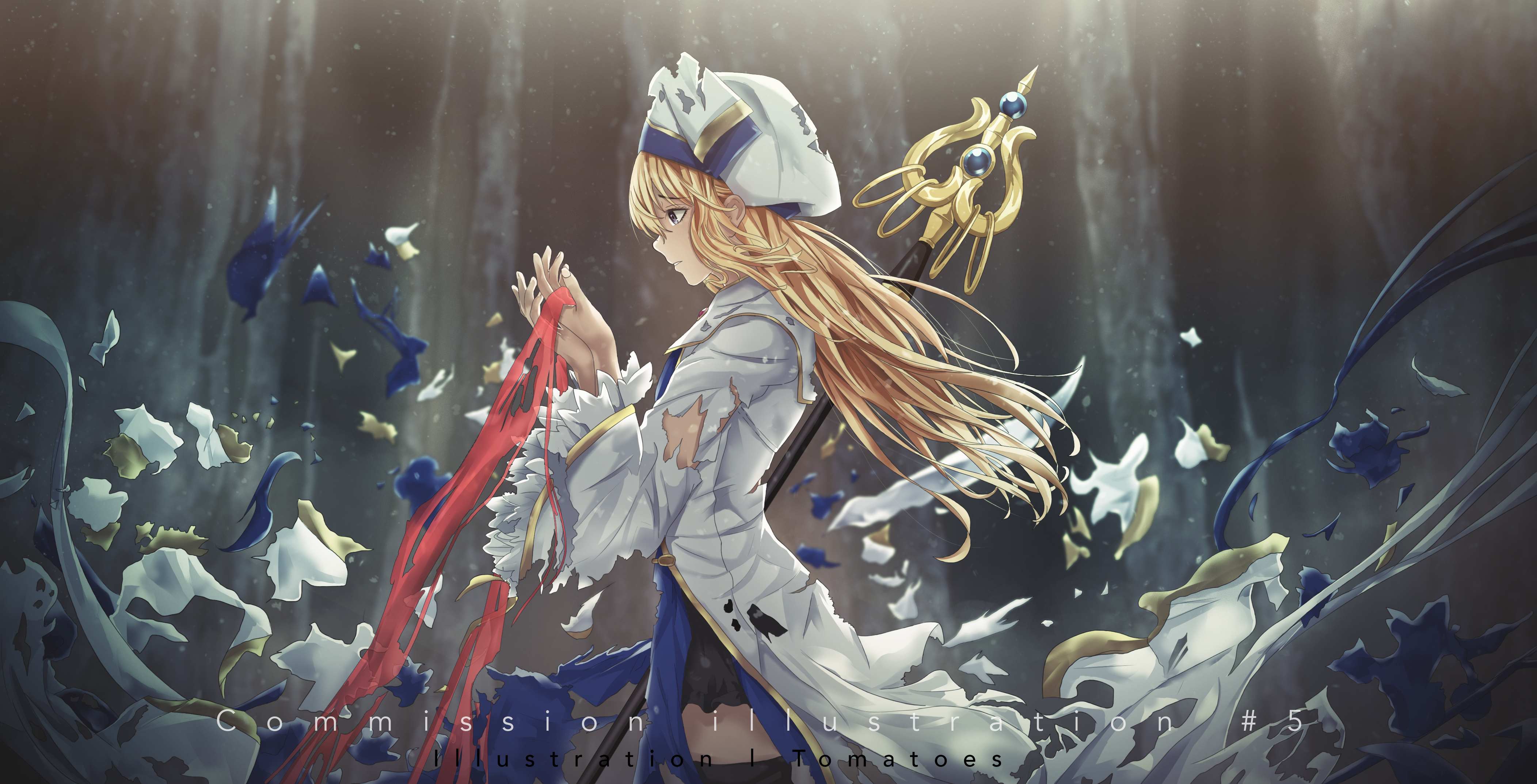 Priestess Holding Red Ribbon in Mystical Forest HD Wallpaper