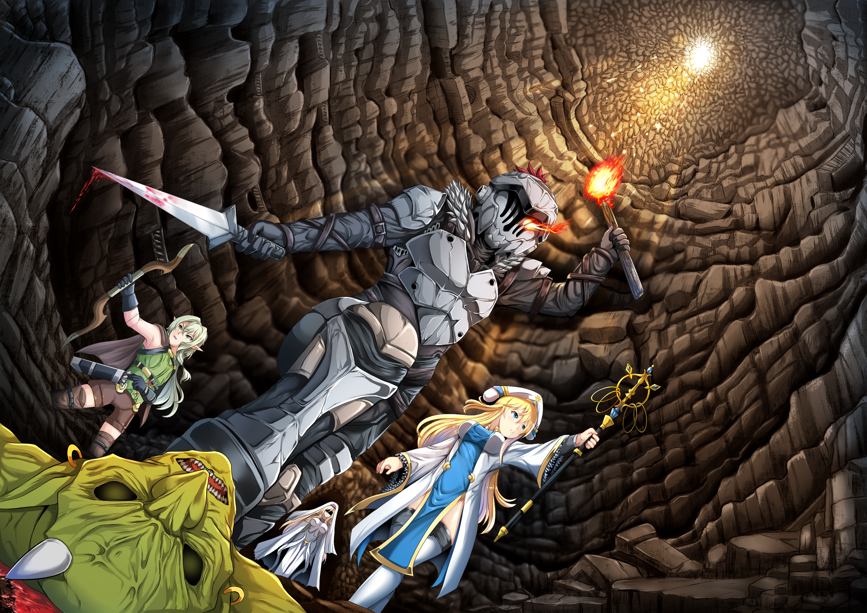 Goblin Slayer and companions in a cave HD Wallpaper