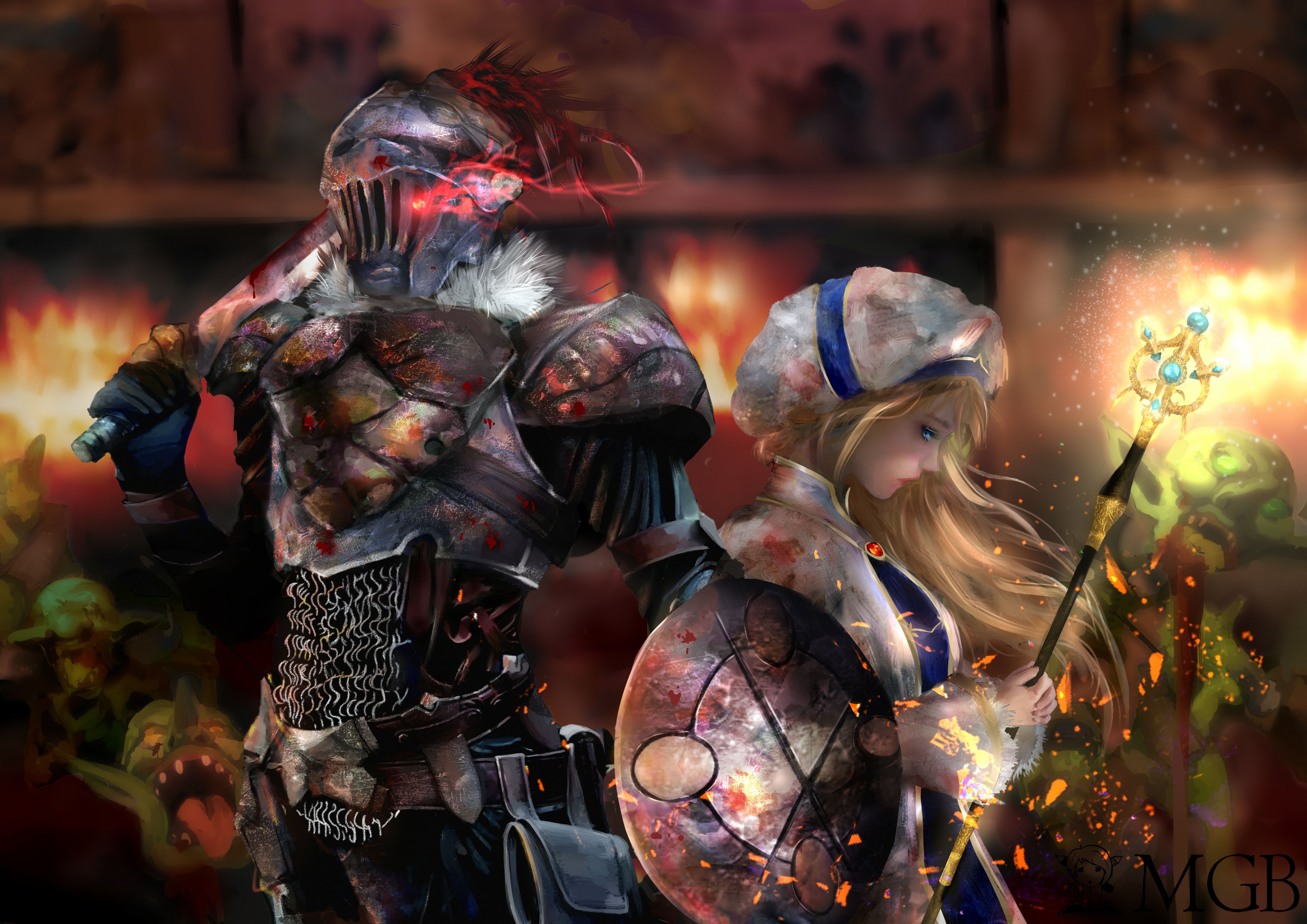 Goblin Slayer and Priestess fighting goblins HD Wallpaper