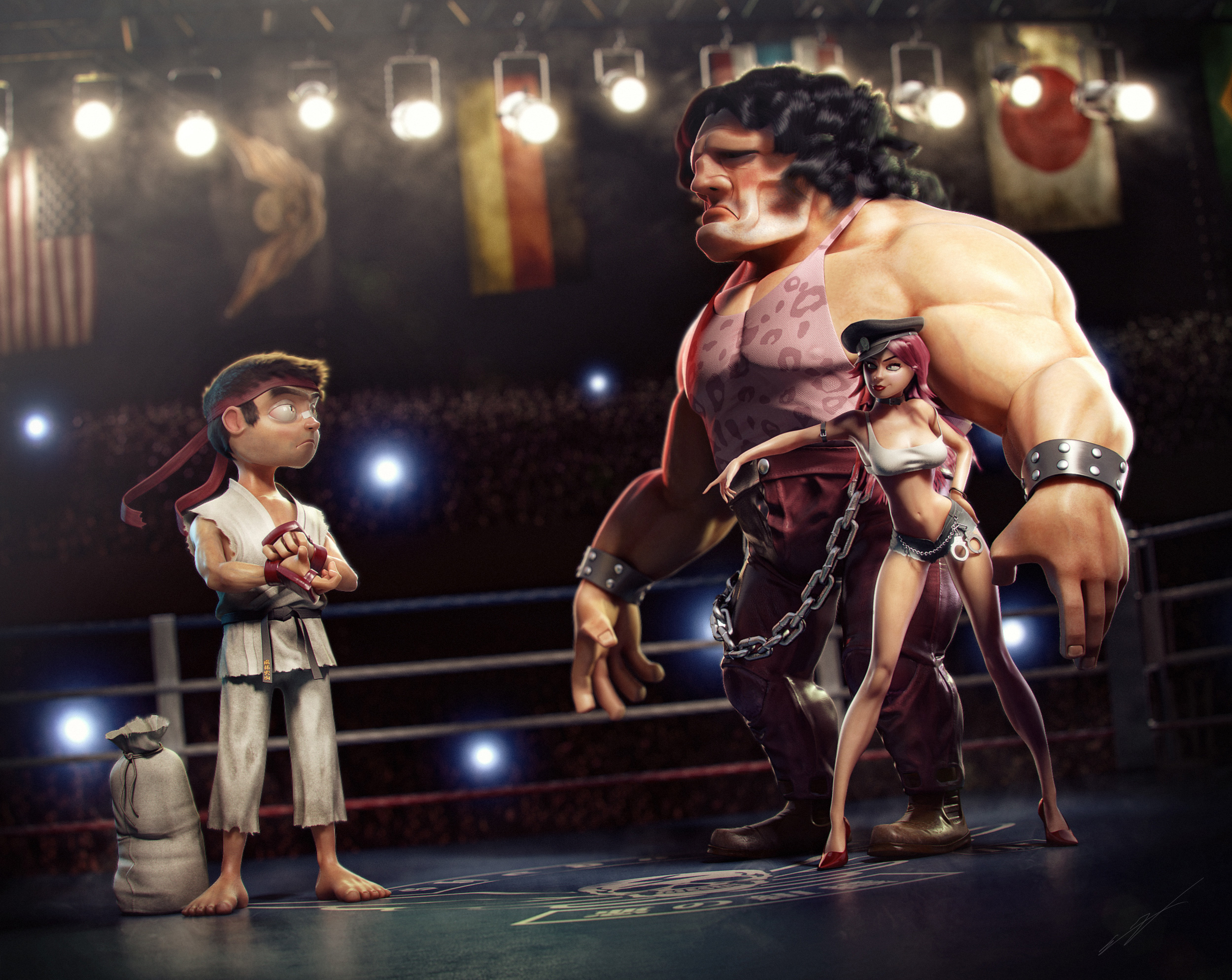Ryu from Street Fighter in a boxing ring with Zangief and a woman HD Wallpaper