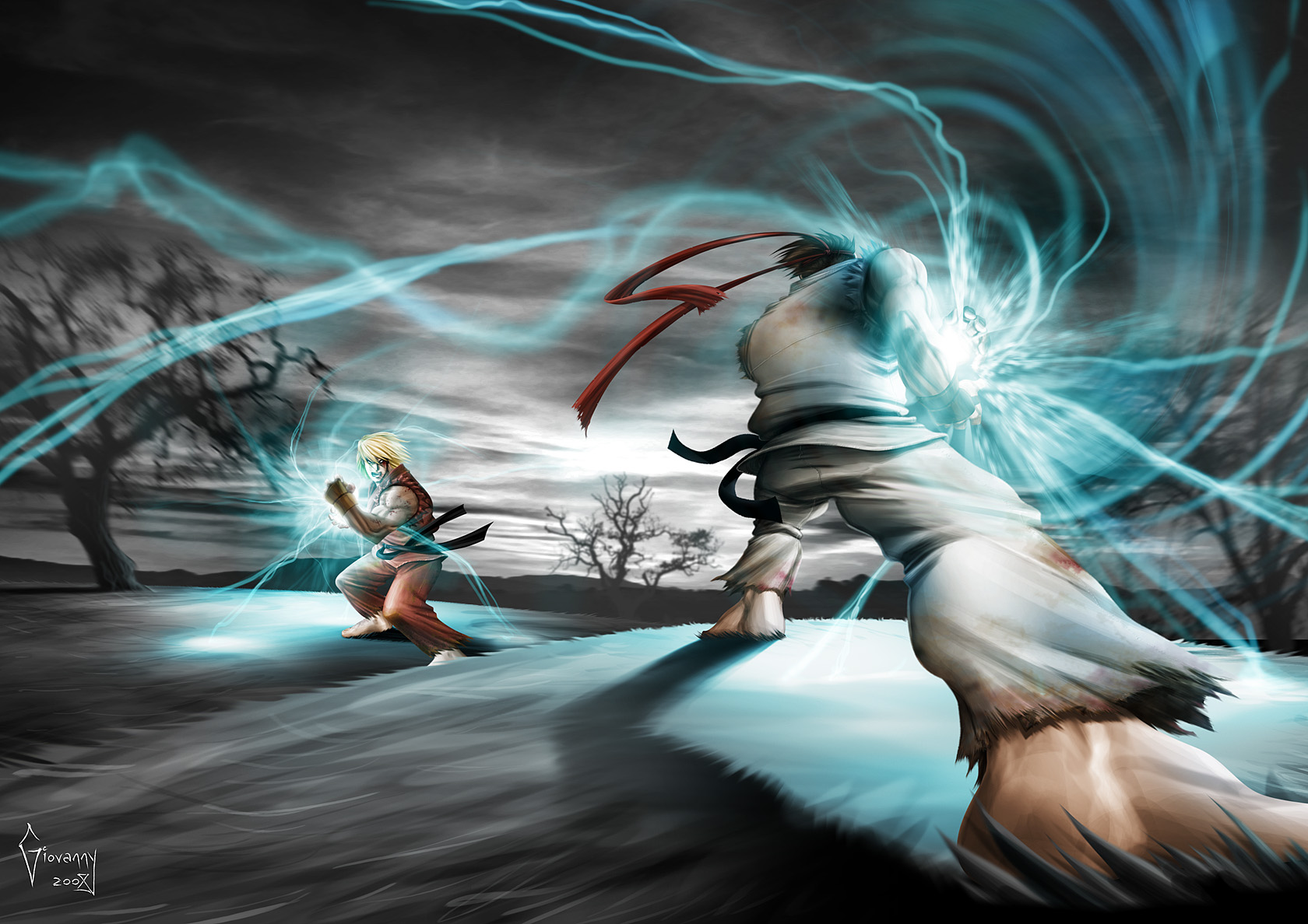 Ryu and Ken from Street Fighter fighting with lightning HD Wallpaper