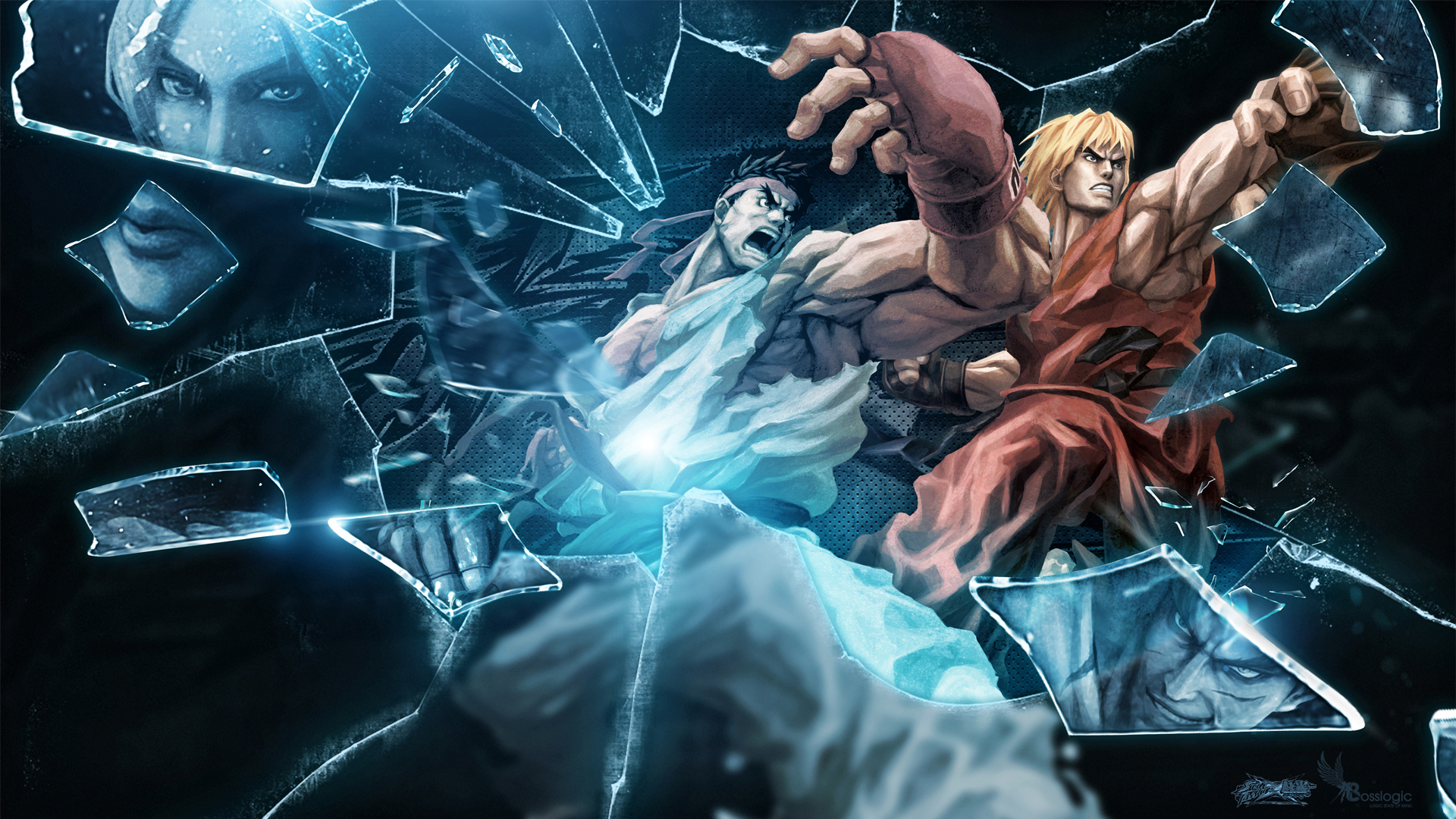 Ryu and Ken from Street Fighter fighting through glass HD Wallpaper